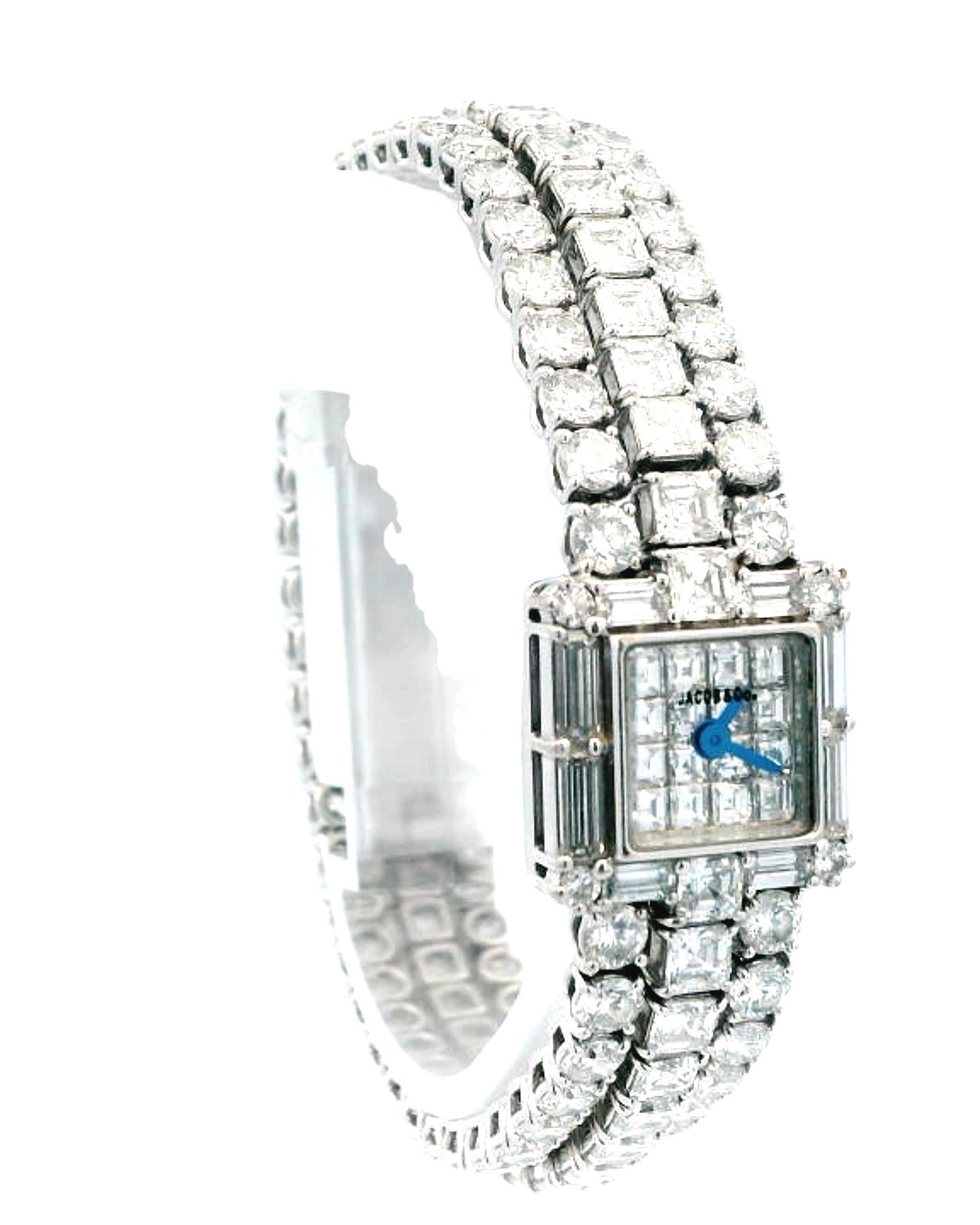 The Jacob & Co. timepiece is an exquisite blend of luxury and craftsmanship, featuring the JCGQ01 quartz movement with a 2-year power reserve that displays hours and minutes. The 15 cm case, crafted from 18K white gold and protected by an