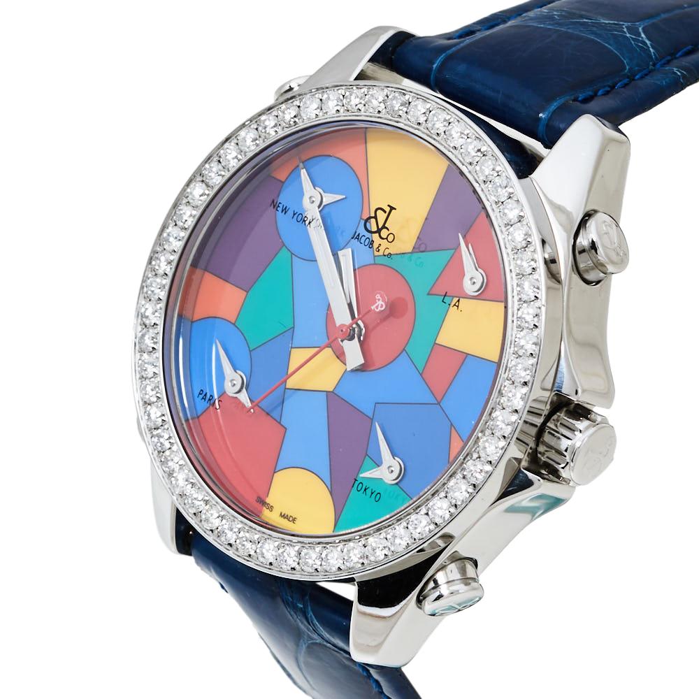 A perfect piece of accessory to pair with both your daytime casuals as well as smarter and chic looks, this Five Time Zone wristwatch by Jacob & Co. is designed to flatter. Made from stainless steel, it features a round, diamond-embedded beautiful