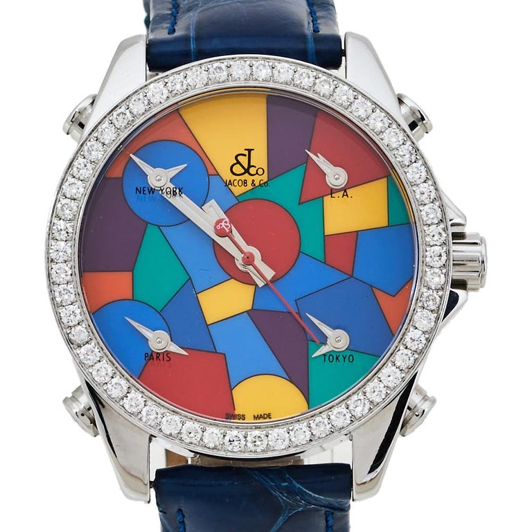 Contemporary Jacob & Co. Multicolor Dial Diamonds Five Time Zone Women's Wristwatch 40 mm For Sale