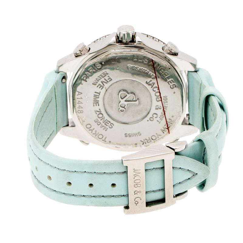 A perfect piece of accessory to pair with both your daytime casuals as well as smarter and chic looks, this Five Time Zone wristwatch by Jacob & Co. is designed to flatter. Made from stainless steel, it features a round, diamond-embedded beautiful