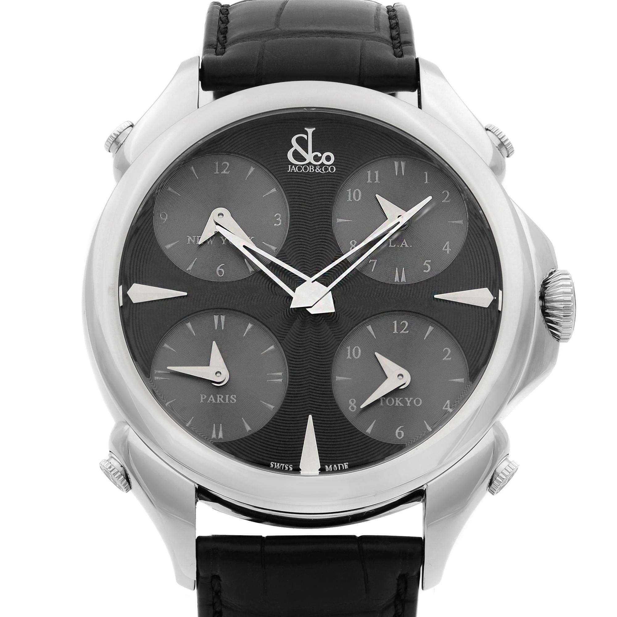 This  never been worn  Jacob & Co Palatial 5 Time Zone PZ500.10.NS.LA.A is a beautiful men's timepiece that is powered by quartz (battery) movement which is cased in a stainless steel case. It has a round shape face, multiple time zones, small