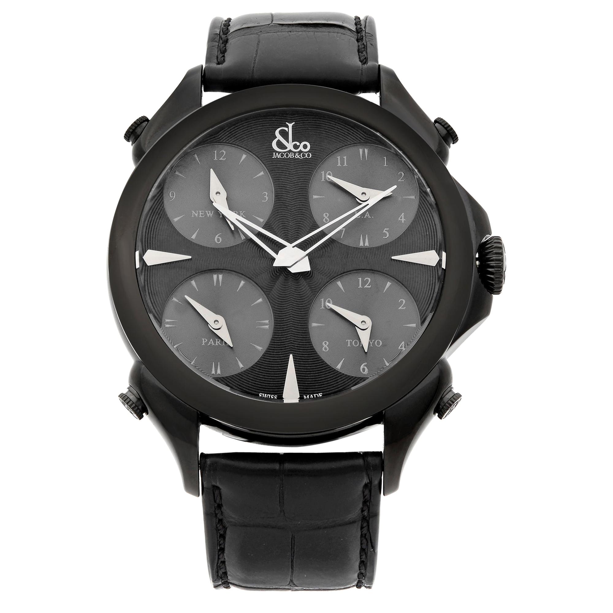 Jacob & Co. Palatial 5 Time Zone Steel Black Dial Men's Watch PZ500.11.NS.LA.A