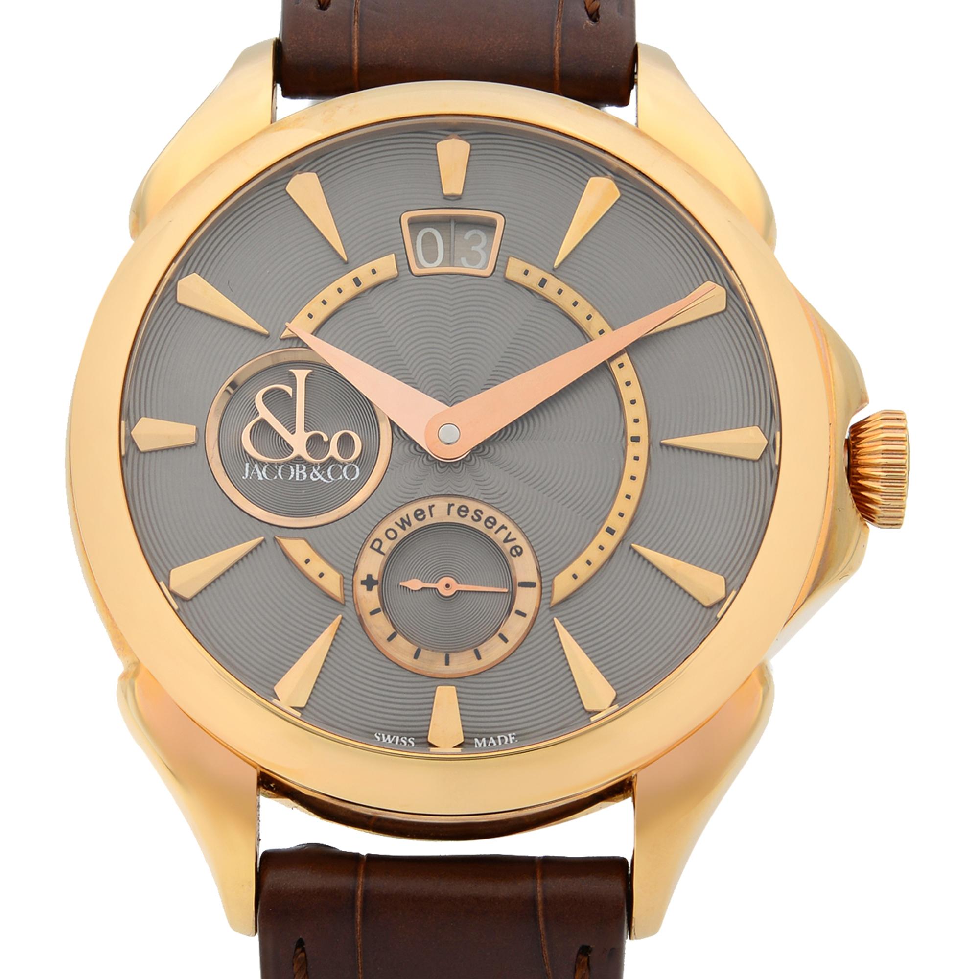 This pre-owned Jacob & Co Palatial  PC400.40.NS.NB.A is a beautiful men's timepiece that is powered by mechanical (hand-winding) movement which is cased in a rose gold case. It has a round shape face, date indicator, power reserve indicator dial and