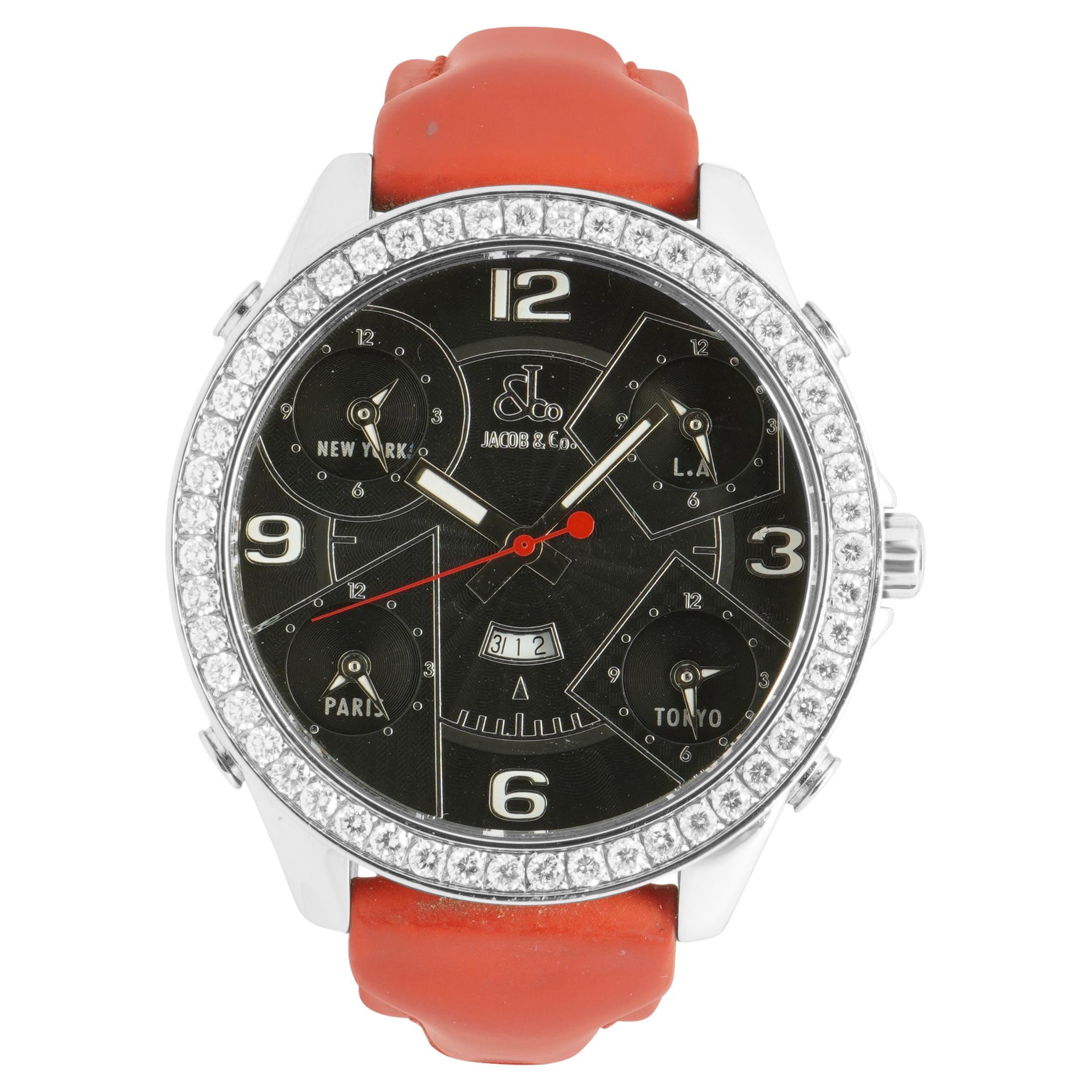 Jacob & Co. Edelstahl 5 Zeitzonen Diamant-Lünette im Angebot