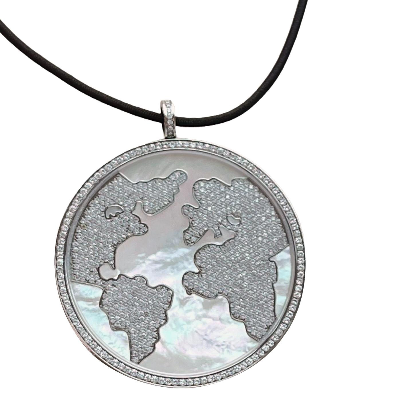 Modernist Jacob & Co Steel 6.06ct White Diamonds MOP World Map Steel Round Pendant
