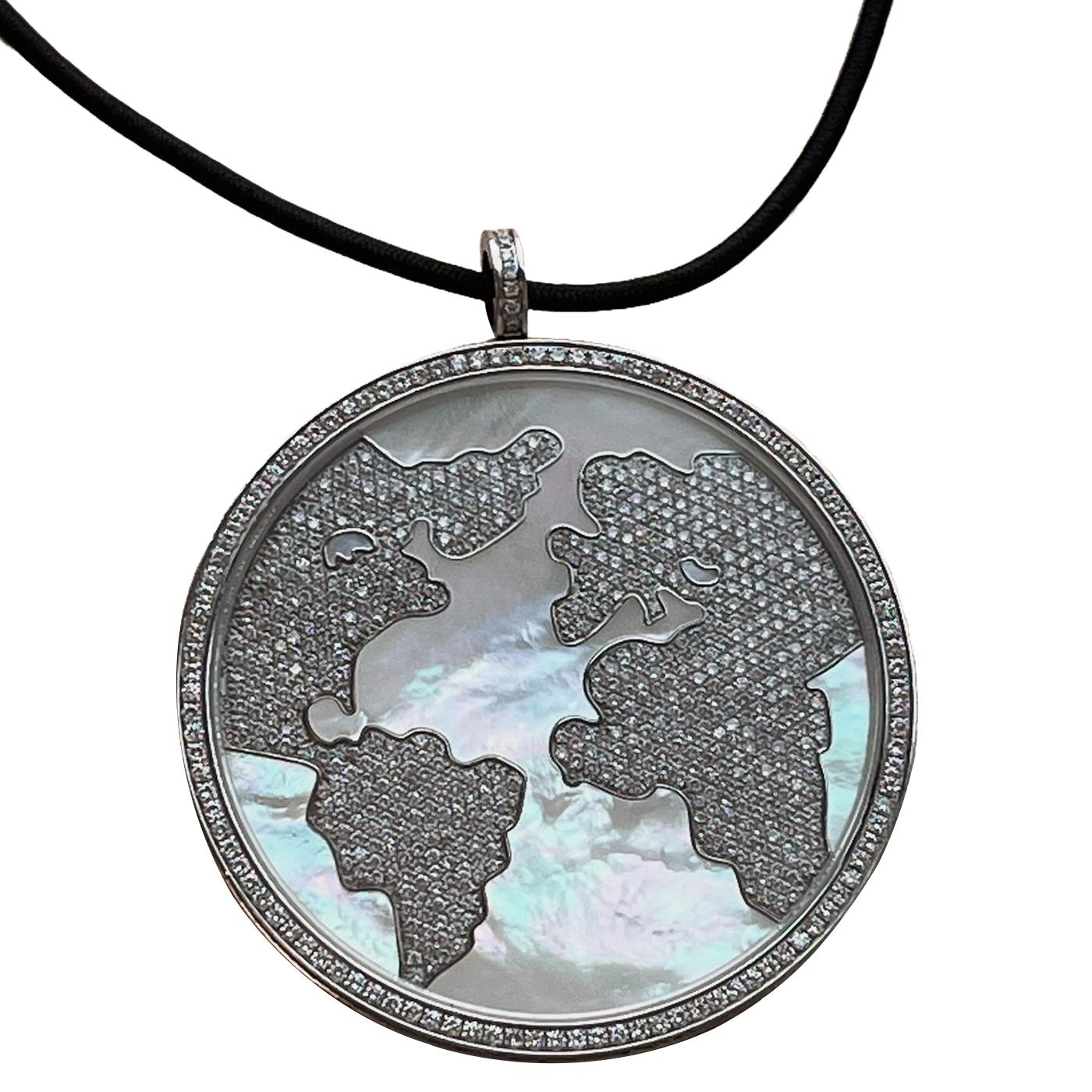Round Cut Jacob & Co Steel 6.06ct White Diamonds MOP World Map Steel Round Pendant