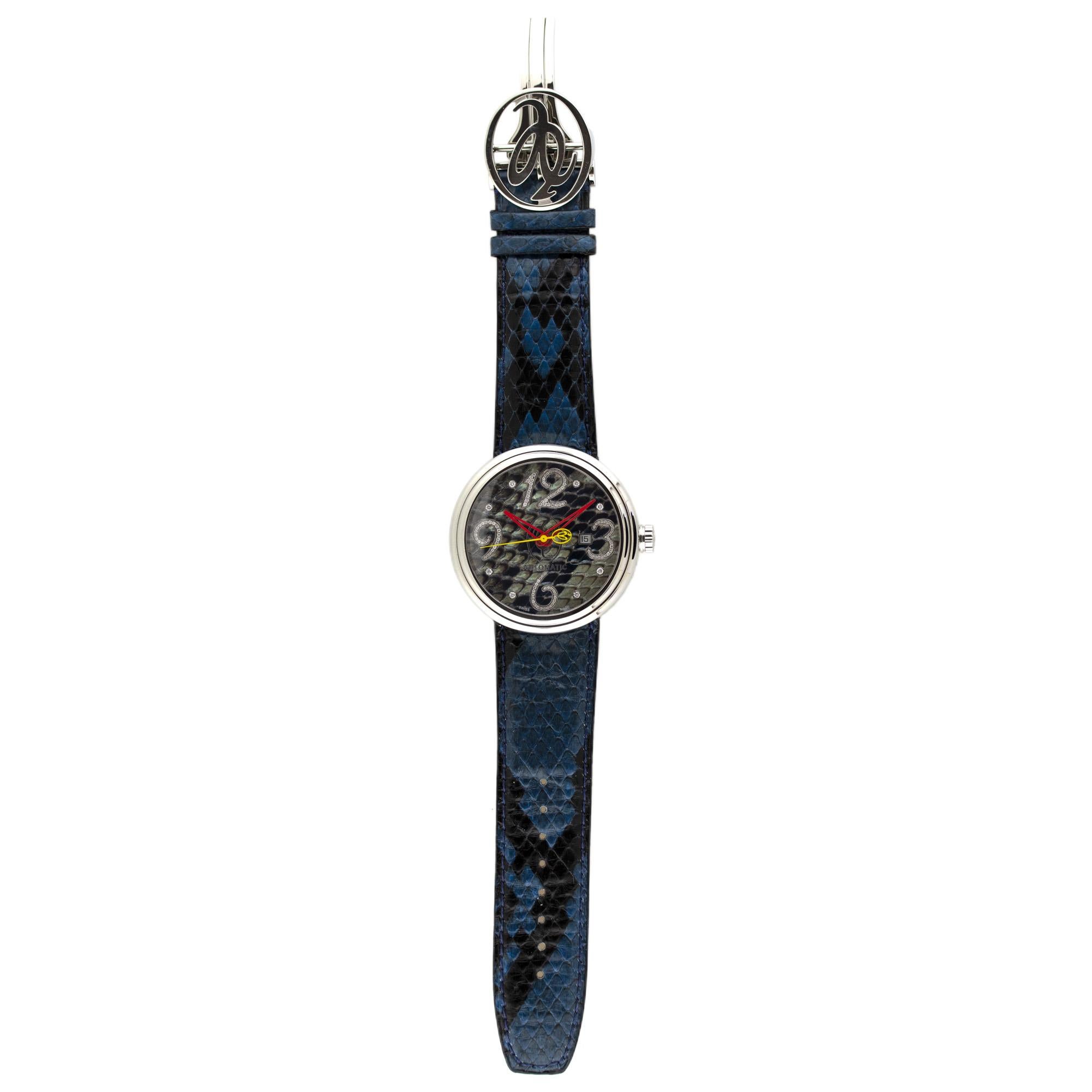 Brand: Jacob & Co.
MPN: WVY-025
Case Material: Stainless Steel
Case Diameter: 48mm
Crystal: Scratch resistant sapphire crystal
Dial: Blue Python-Print with Diamond hour markers
Bracelet: Python Leather
Size: Adjustable
Clasp: Fold over