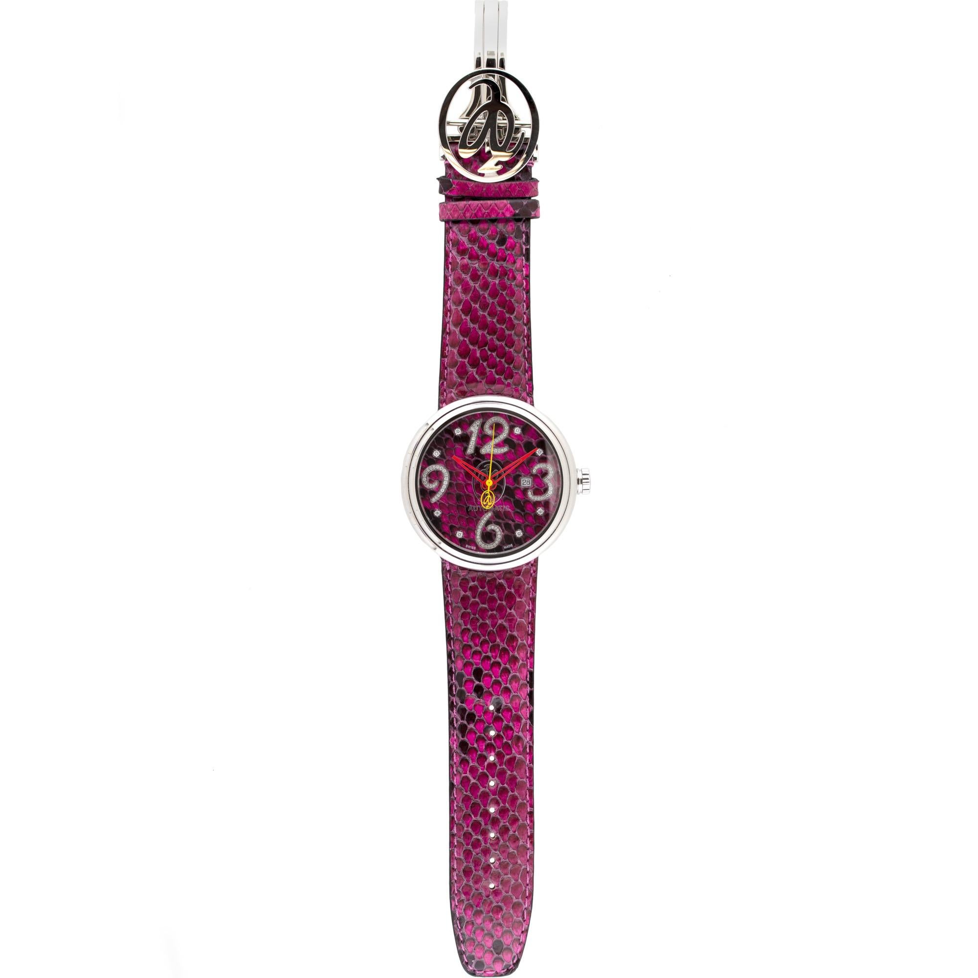 Brand: Jacob & Co.
MPN: WVY-018
Case Material: Stainless Steel
Case Diameter: 48mm
Crystal: Scratch resistant sapphire crystal
Dial: Fuchsia Python-Pattern with Diamond hour markers
Bracelet: Fuchsia Python Leather
Size: Adjustable
Clasp: Fold over