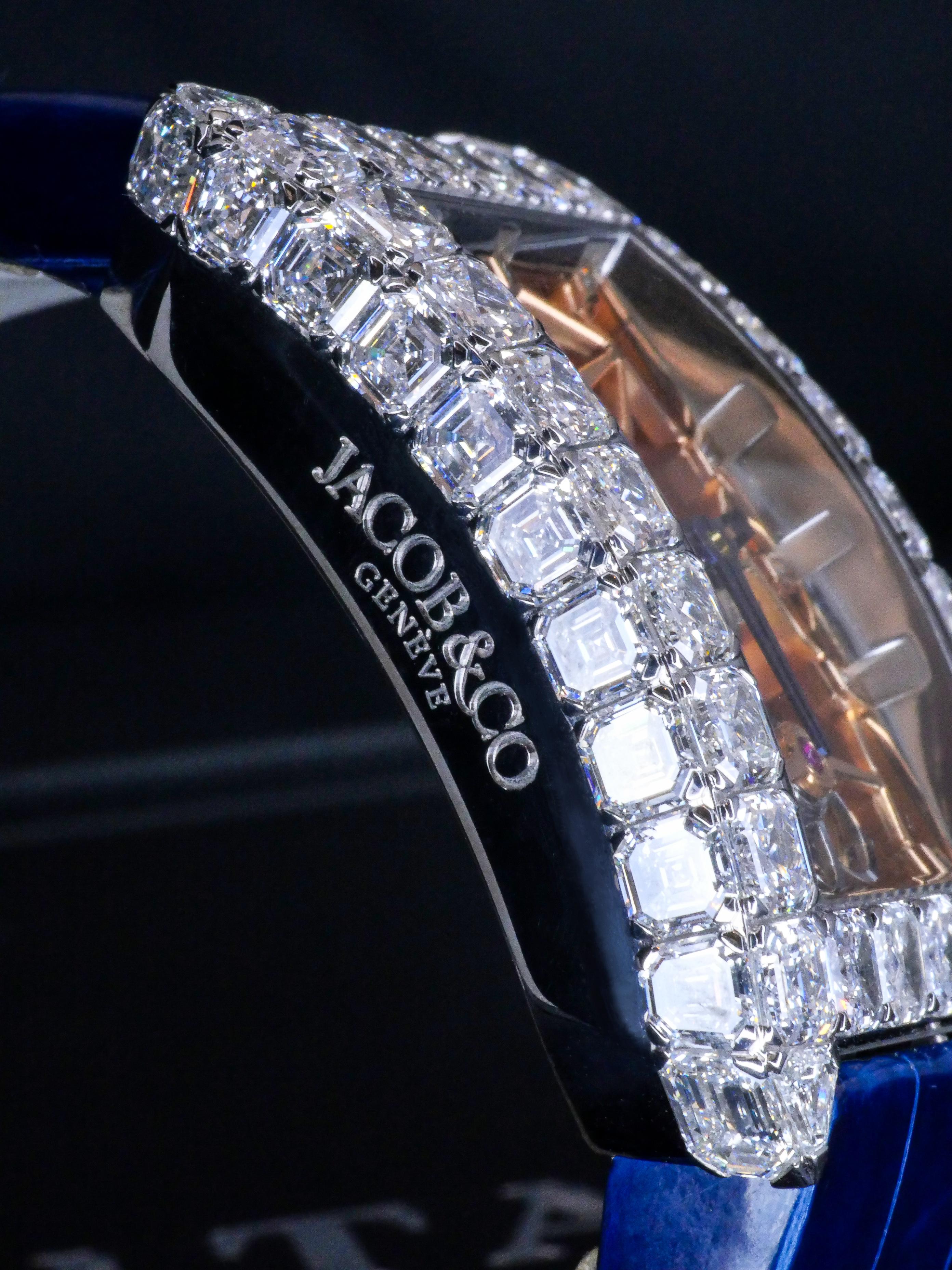 Women's or Men's Jacob & Co White Gold Diamond Millionaire Skeleton Manual Winding Wristwatch For Sale