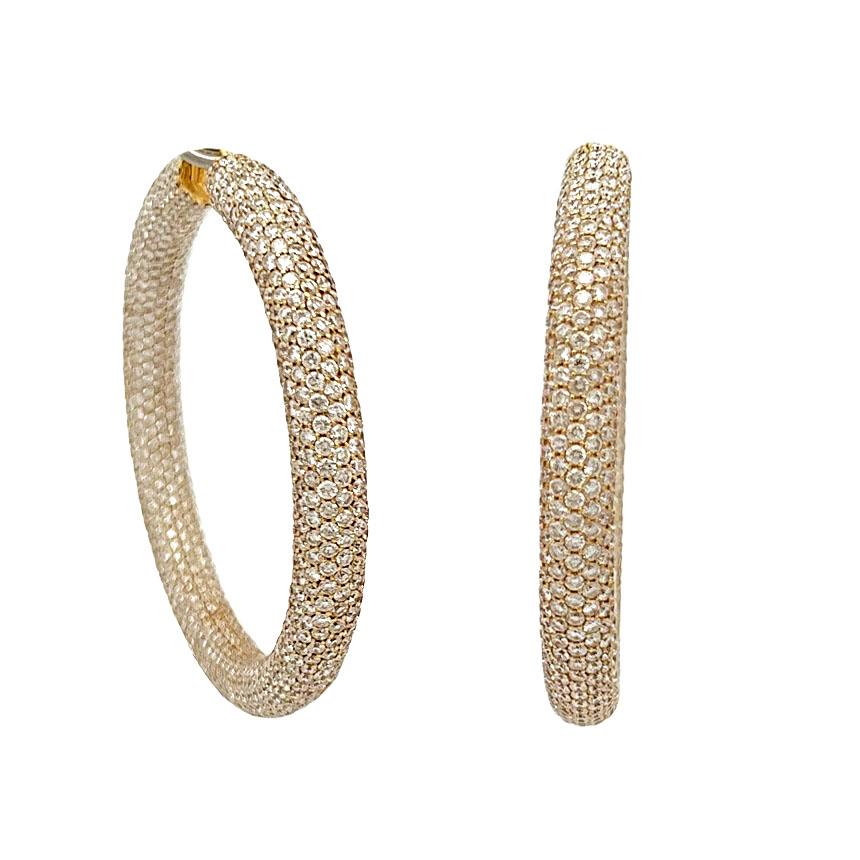 18 Karat yellow gold large Jacob & Co. pave diamond hoops. 
These hoops are jaw dropping, show stopper, statement earrings. With the 35.15 carats of round brilliant diamonds they sparkle from every angle. All sides of the hoop have diamond pave