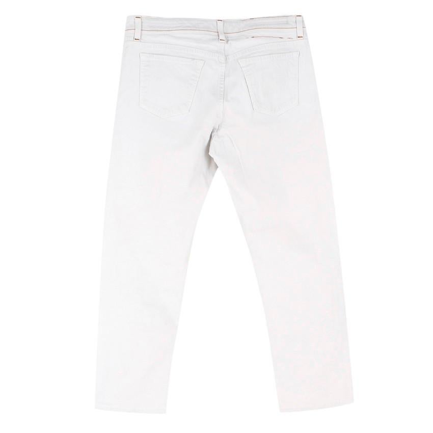 Jacob Cohen White Tailored Denim Jeans
 
 - White Denim Jeans
 - Tailored, handmade
 - Normal fit, straight leg
 - Tan Orange stitching
 - 5 pockets
 - Button fastening closure at front center
 
 Please note, these items are pre-owned and may show