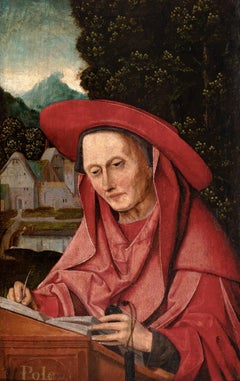 Saint Jerome, translating at his writing desk, with a landscape beyond
