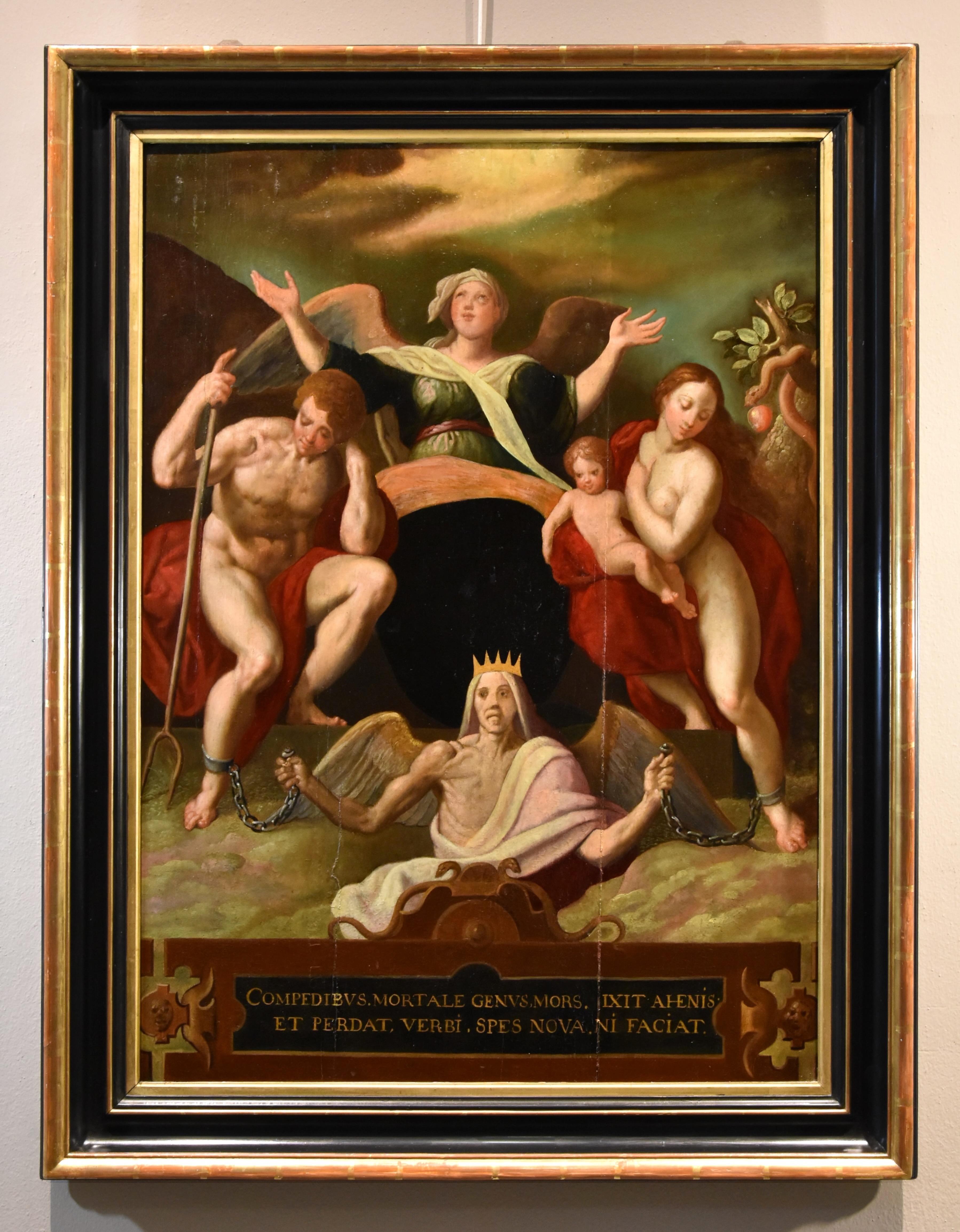 Redemption Adam Eve De Backer 16th Century Paint Oil on table Old master Flemish - Painting by  Jacob De Backer (antwerp, C. 1555 – 1585)