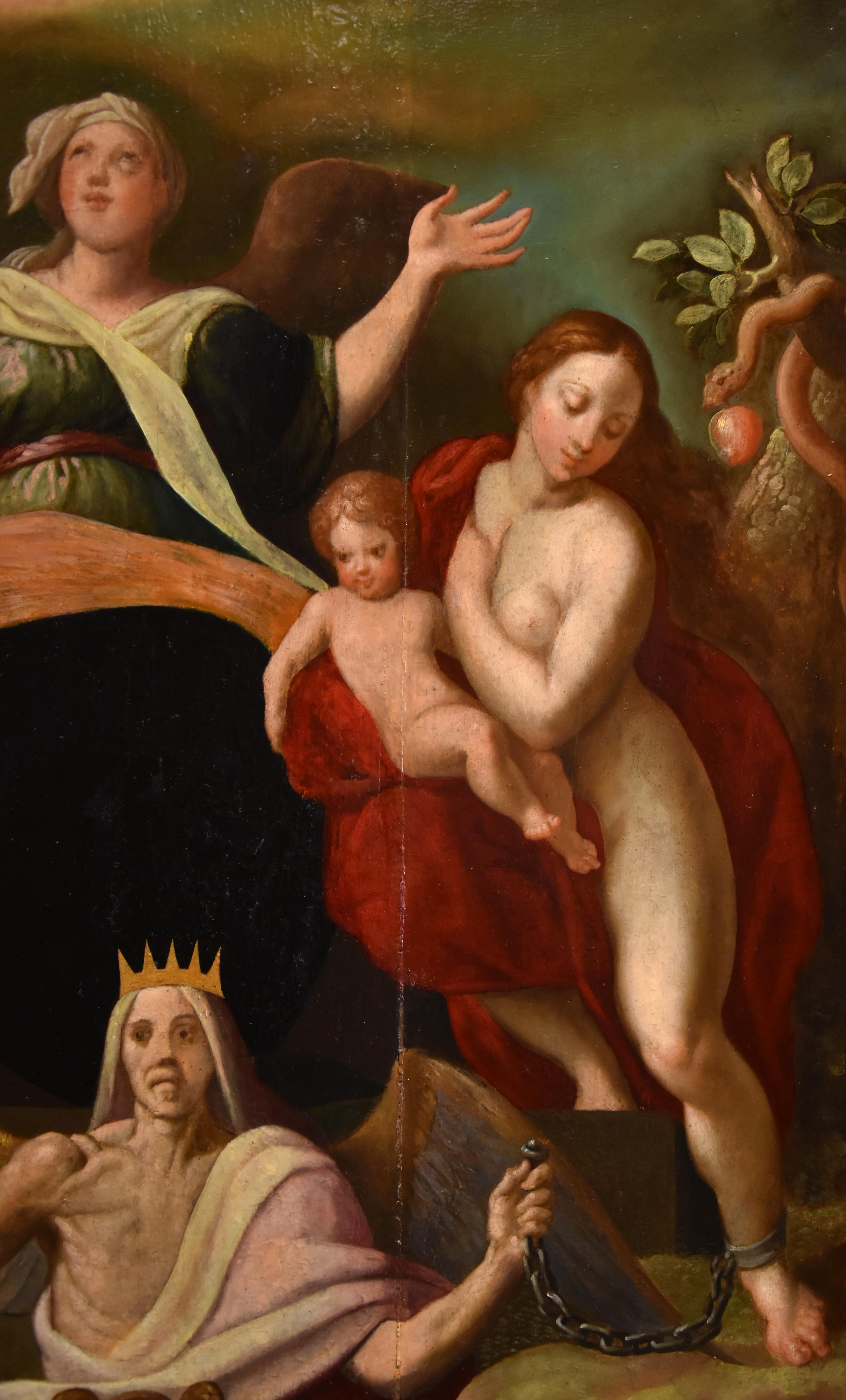 Redemption Adam Eve De Backer 16th Century Paint Oil on table Old master Flemish For Sale 1