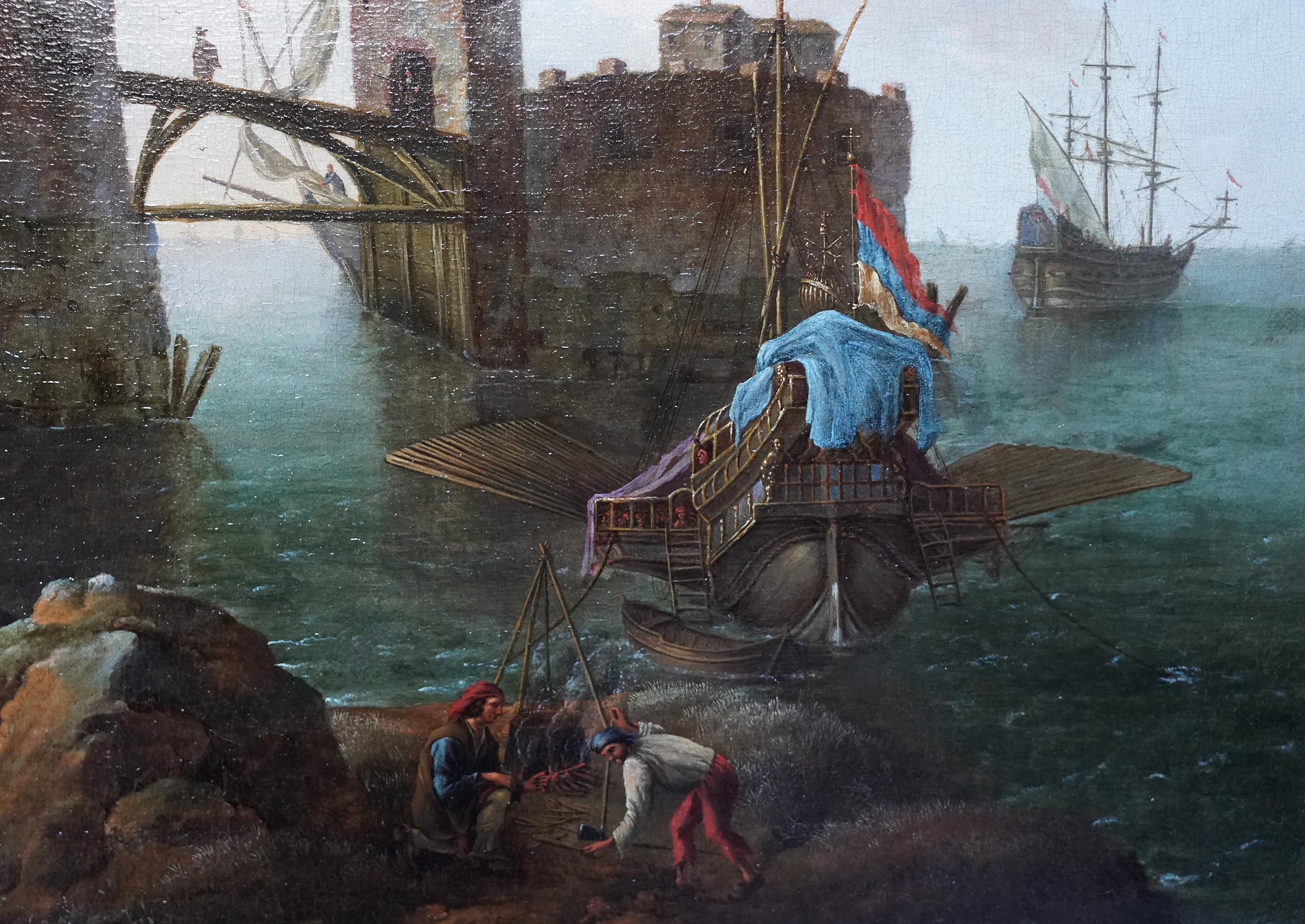 Este magnífico óleo marino del Viejo Maestro holandés se atribuye al círculo de Jacob de Heusch. Pintado hacia 1690, el escenario es una costa italiana con pescadores en primer plano. Más allá hay un par de magníficos edificios fortificados con
