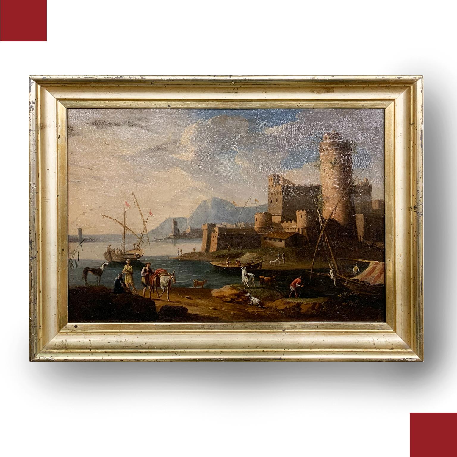 Beautiful oil painting on canvas from the early 1700s depicting a Venetian landscape with port, figures and castle. The manufacture is Venetian and can be attributed to the school of Jacob De Heusch. Within a gilt wood frame.