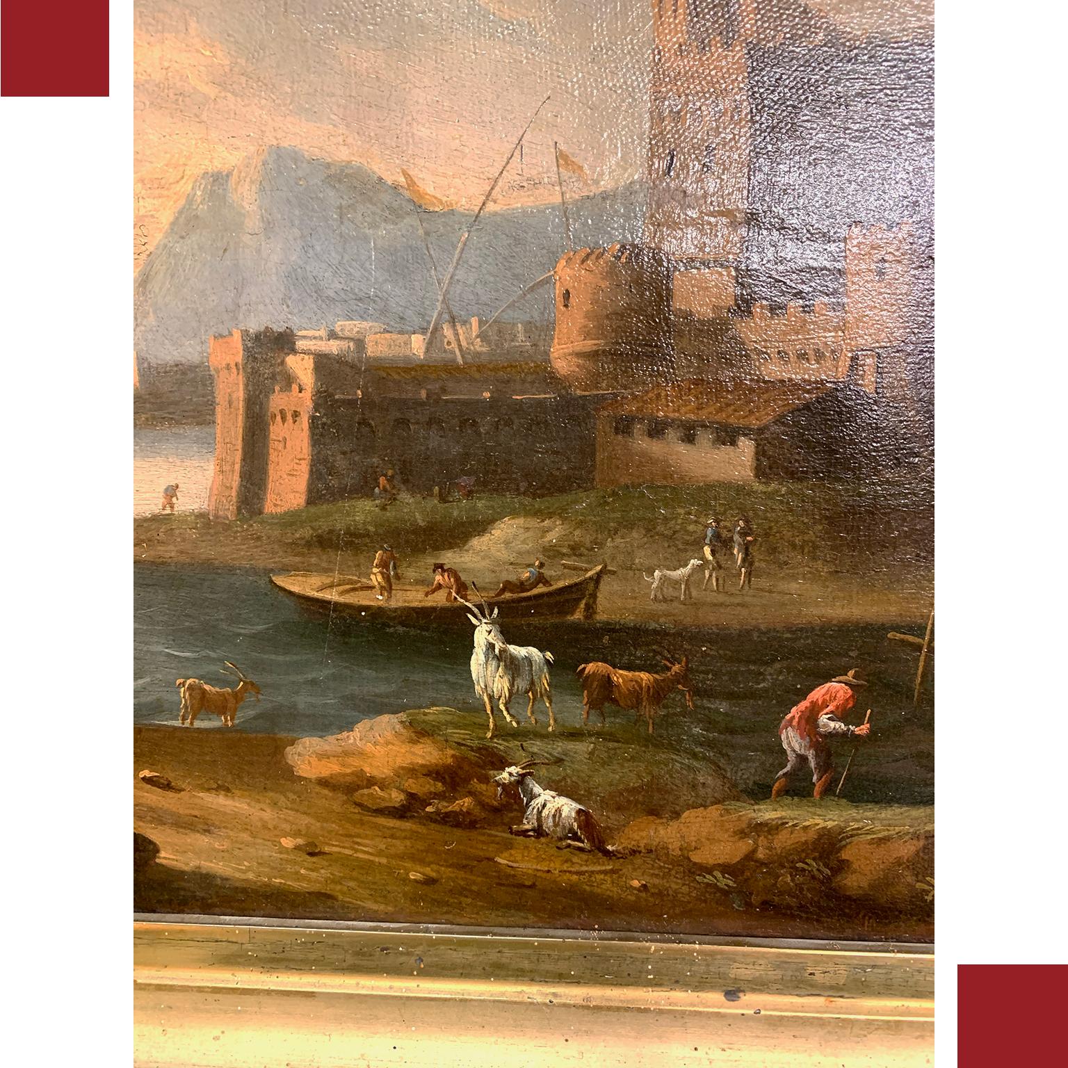 Jacob De Heusch Studio, Early 18th Century Marine Landscape with Figures In Good Condition For Sale In Firenze, FI