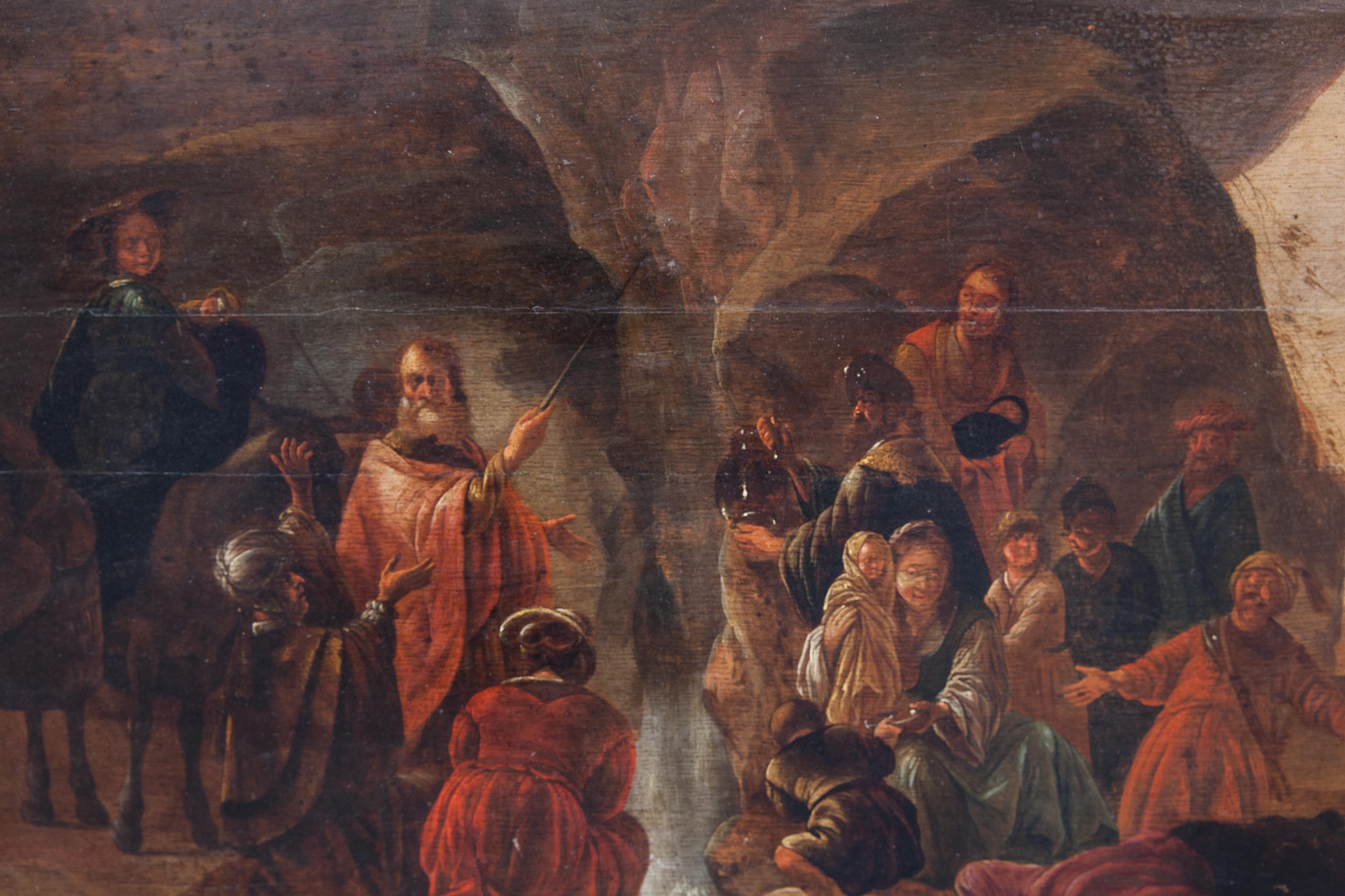 
Moses Strikes Water from the Rock Dutch school, XVII century. Workshop of Jacob de Wet (Haarlem, 1610-1675).
Technique: Oil on oak wood panel, composed of 3 horizontal panels.
In this evocative work, Moses stands in a cave, gathering the