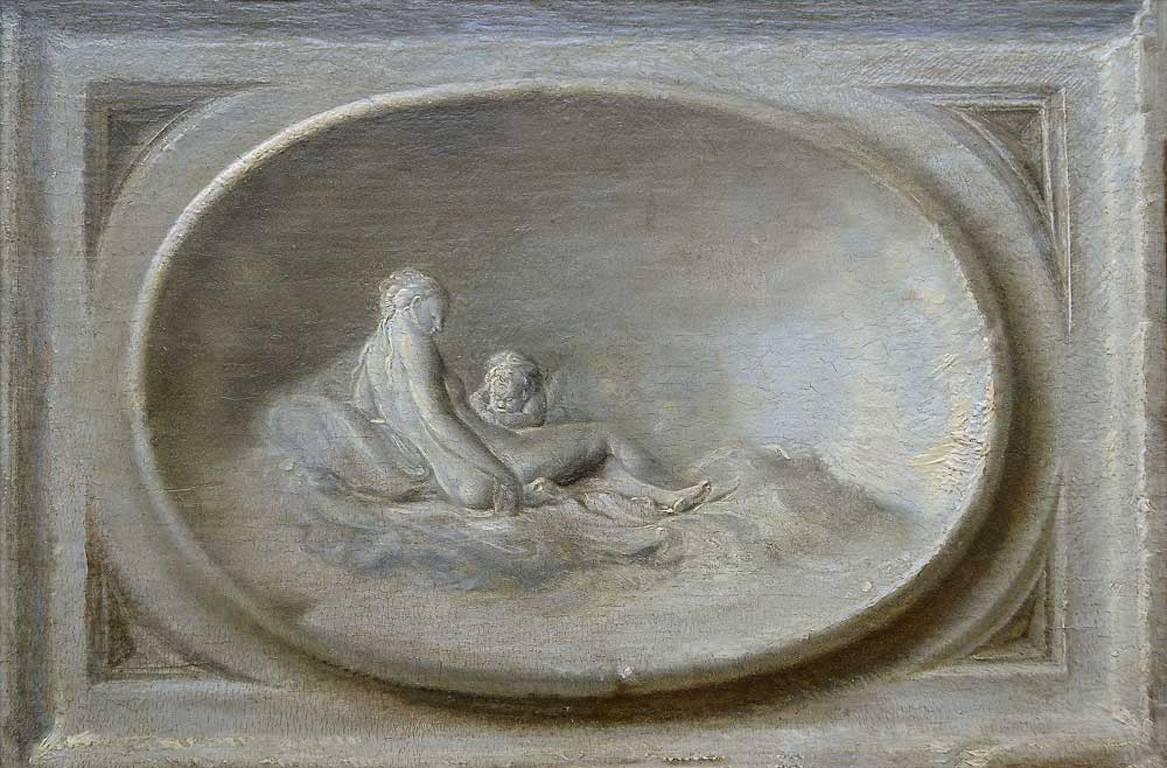 Dekoratives ovales Relief mit Venus und Amor, Rokoko-Ölgemälde, 18. Jahrhundert