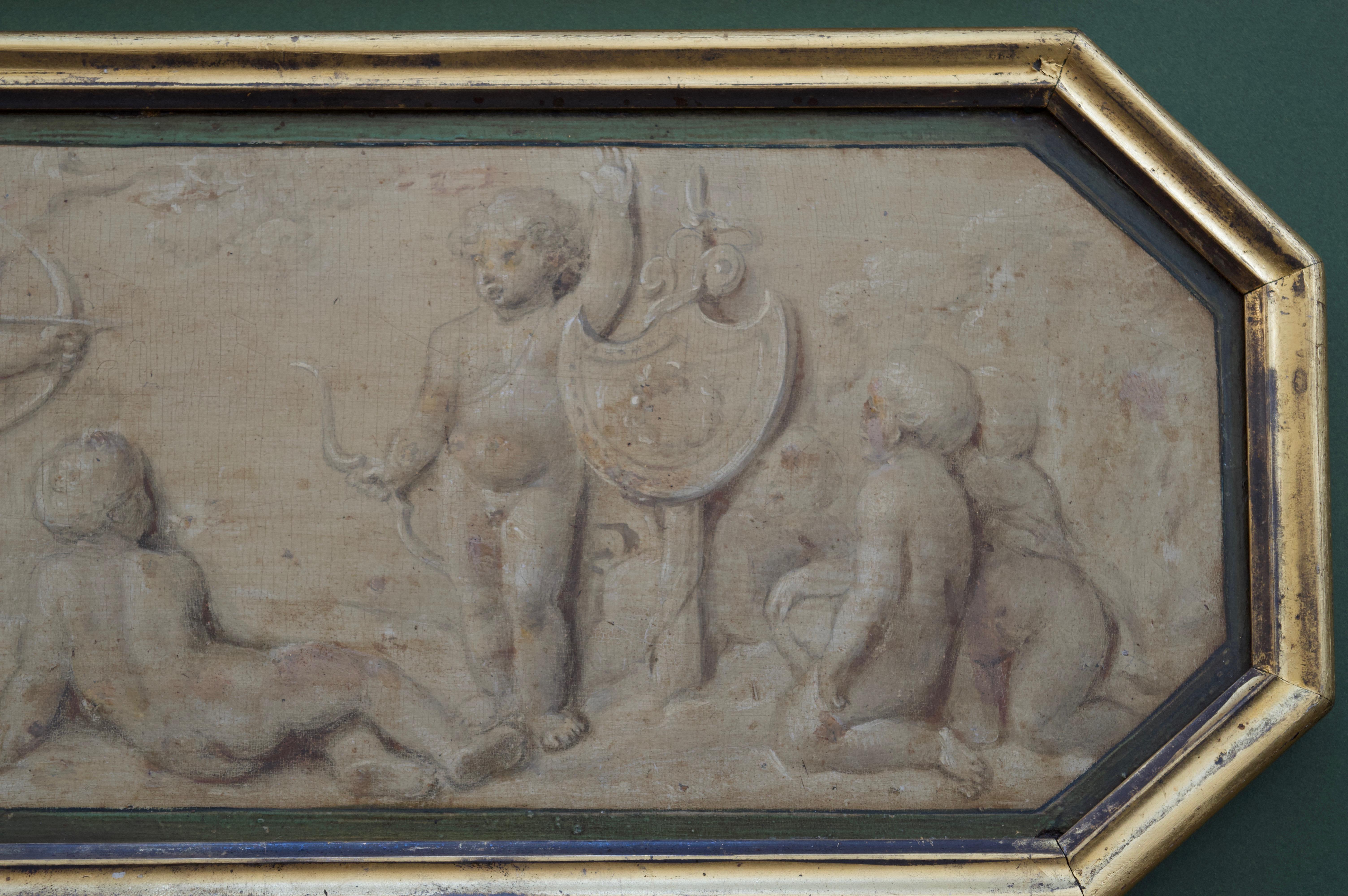 A highly decorative pair of charming vignettes skilfully painted en grisaille that would look superb either hung as a pair or gracing either side of a mantlepiece

Follower ofJacob de Wit, mid 18th Century or earlier
Cherubs cavorting in a