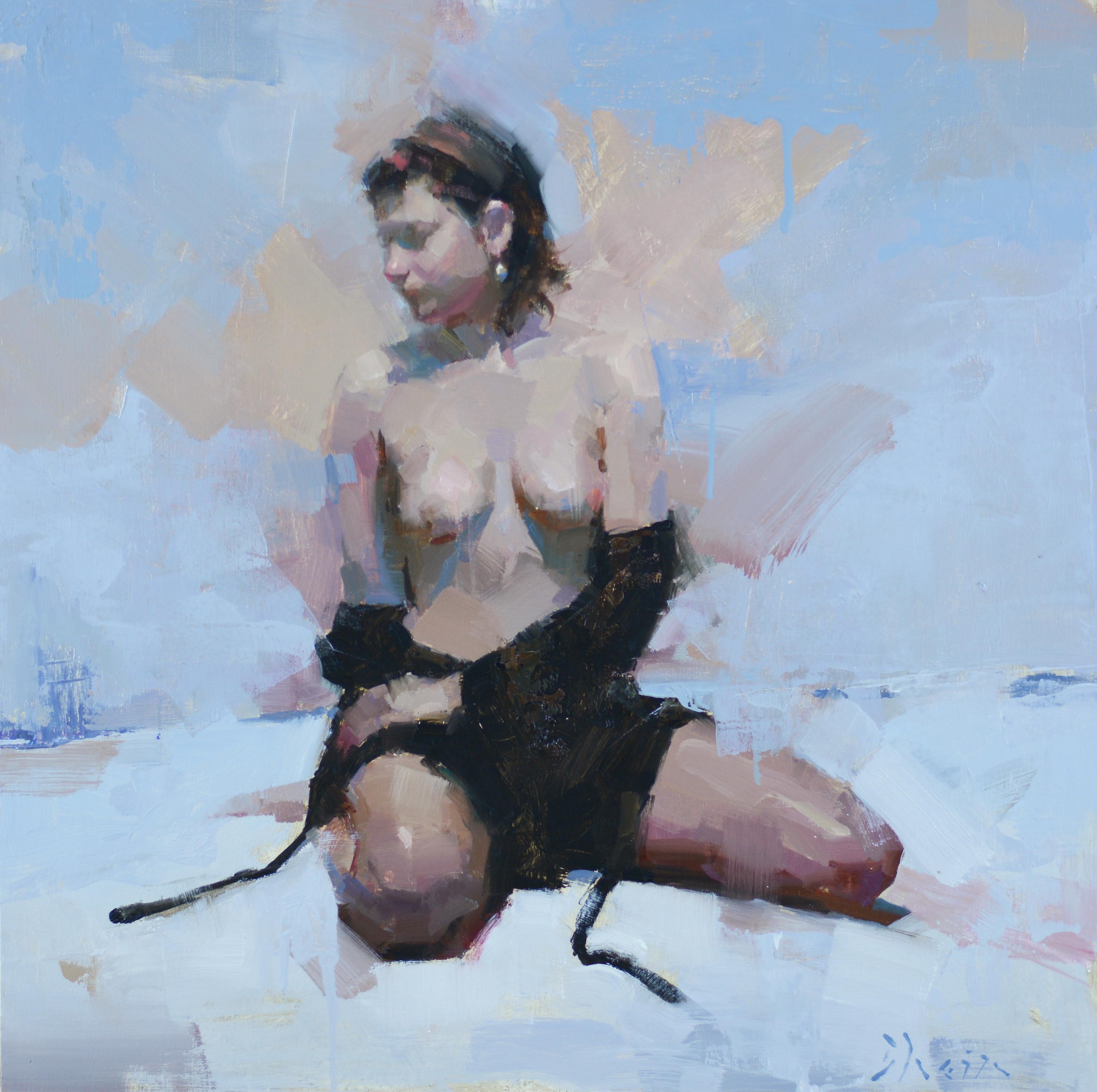 Jacob Dhein Nude Painting - "Nude with Light Blue" Oil Painting