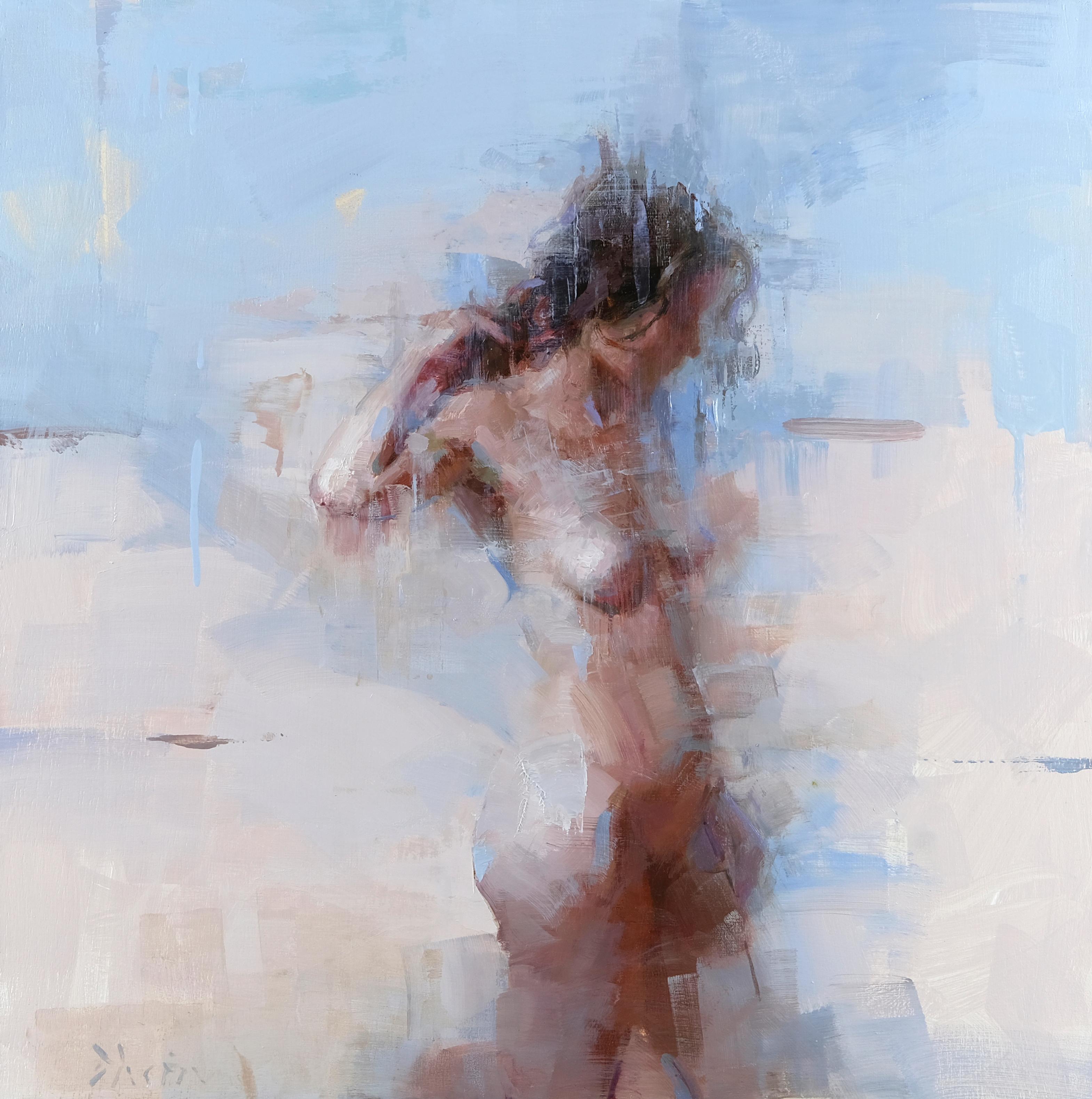 Jacob Dhein Figurative Painting - "Standing Nude with Blue" Oil Painting