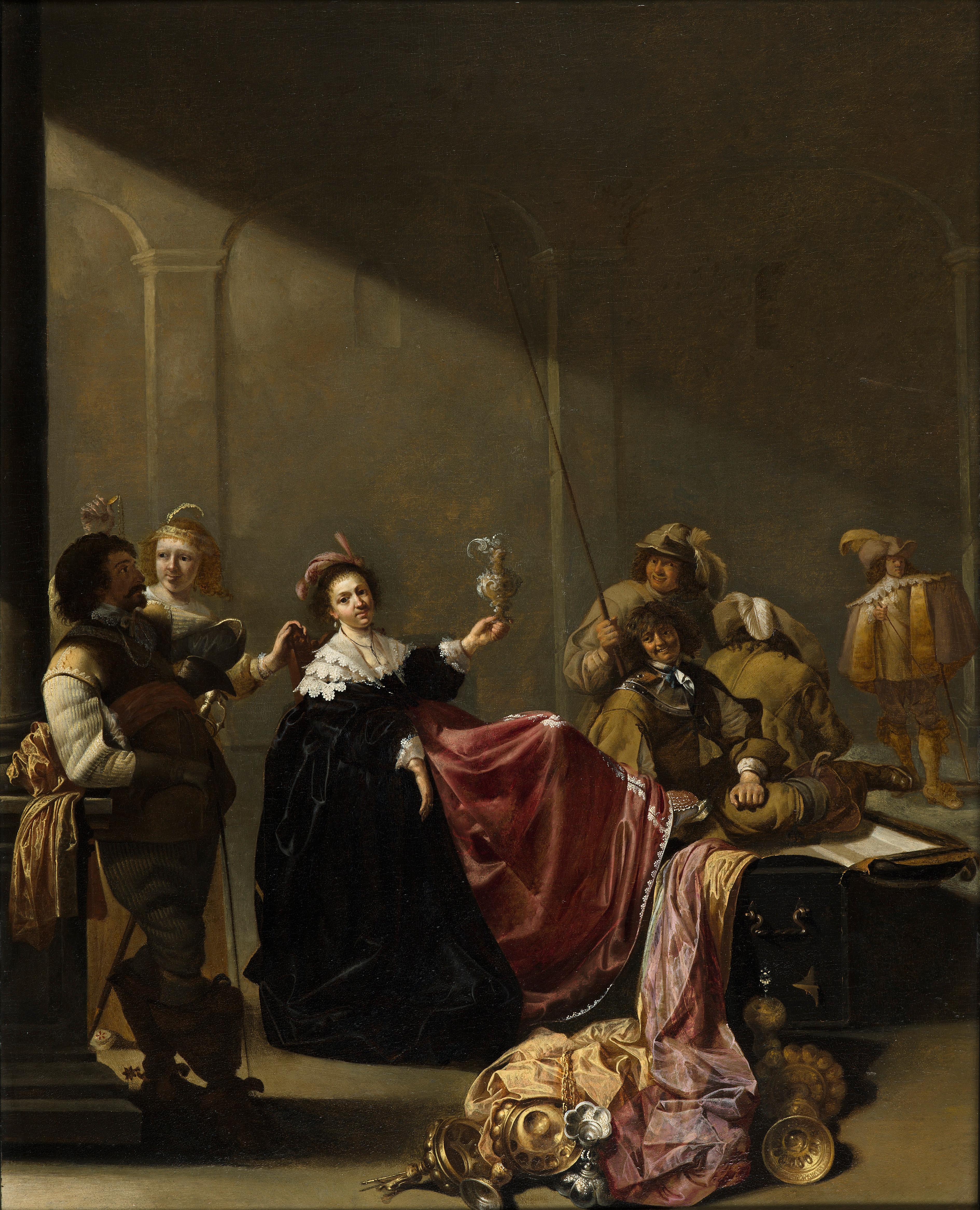 A Guardroom Interior with a Seated Woman Amongst Plunder - Painting by Jacob Duck