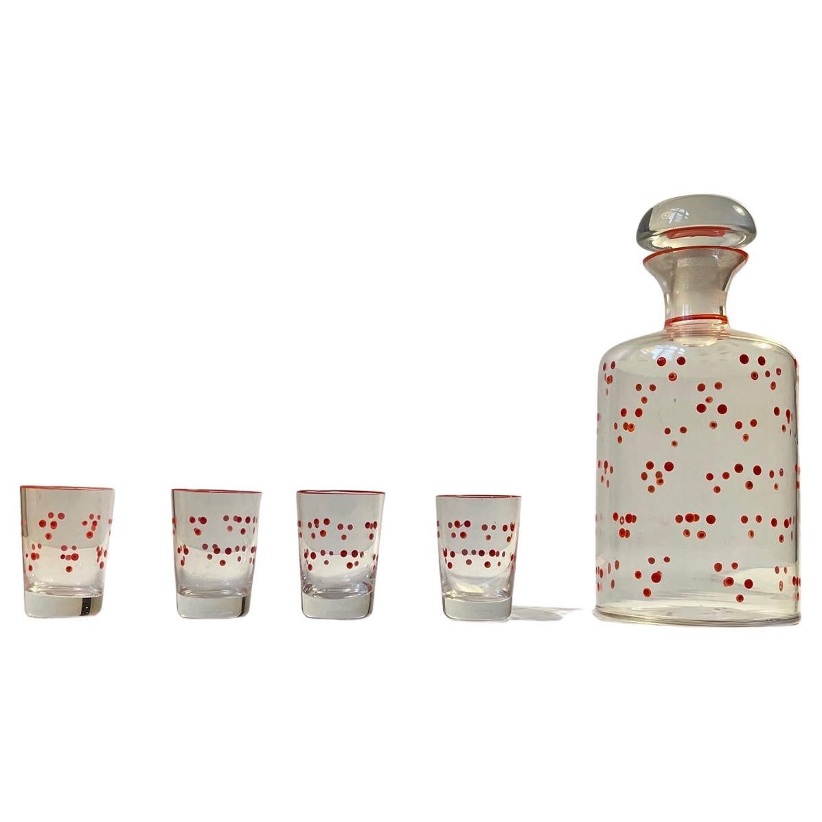 Jacob E. Bang Decanter Set with Red Dots, Holmegaard 1930s, Set of 4
