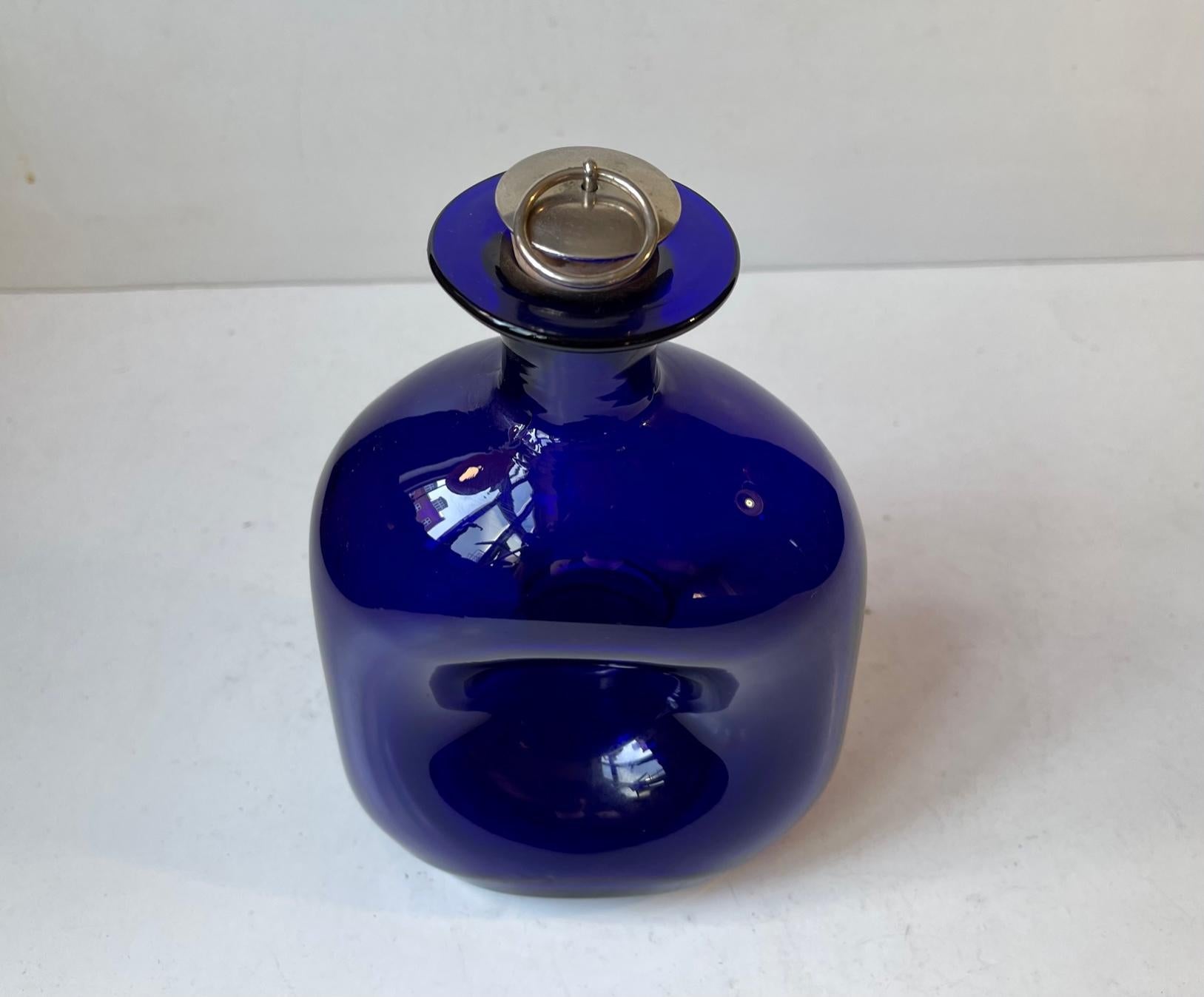 Mid-Century Modern Jacob E. Bang Squeezed Blue Glass Decanter for Holmegaard, 1960s