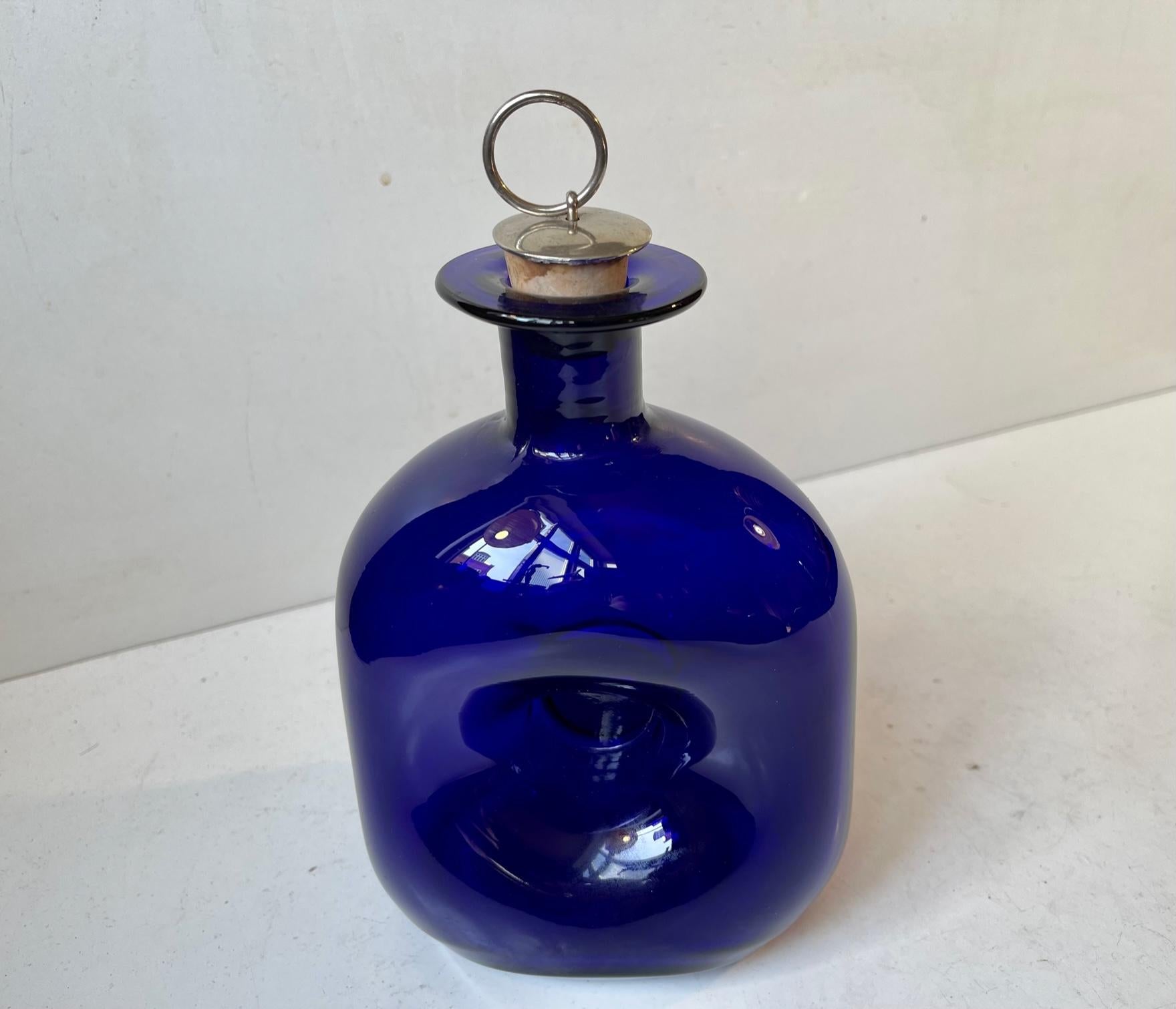 Mid-20th Century Jacob E. Bang Squeezed Blue Glass Decanter for Holmegaard, 1960s