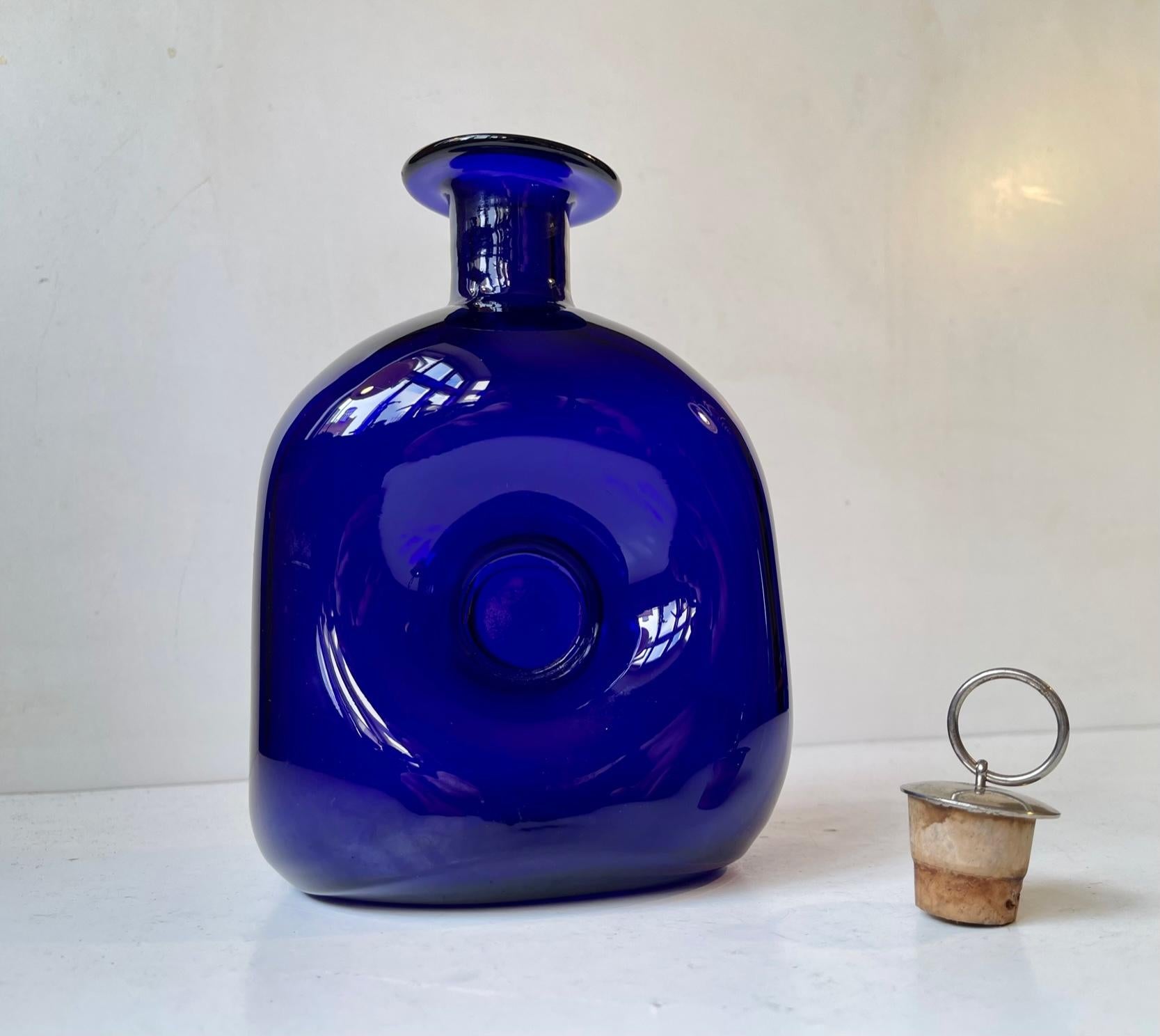 Blown Glass Jacob E. Bang Squeezed Blue Glass Decanter for Holmegaard, 1960s