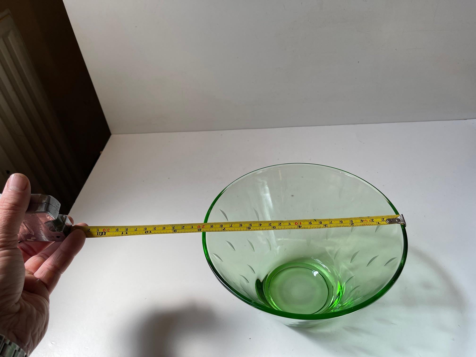 Danish Jacob E. Bang Uranium Green Art Glass Bowl w. Arrows, 1930s For Sale