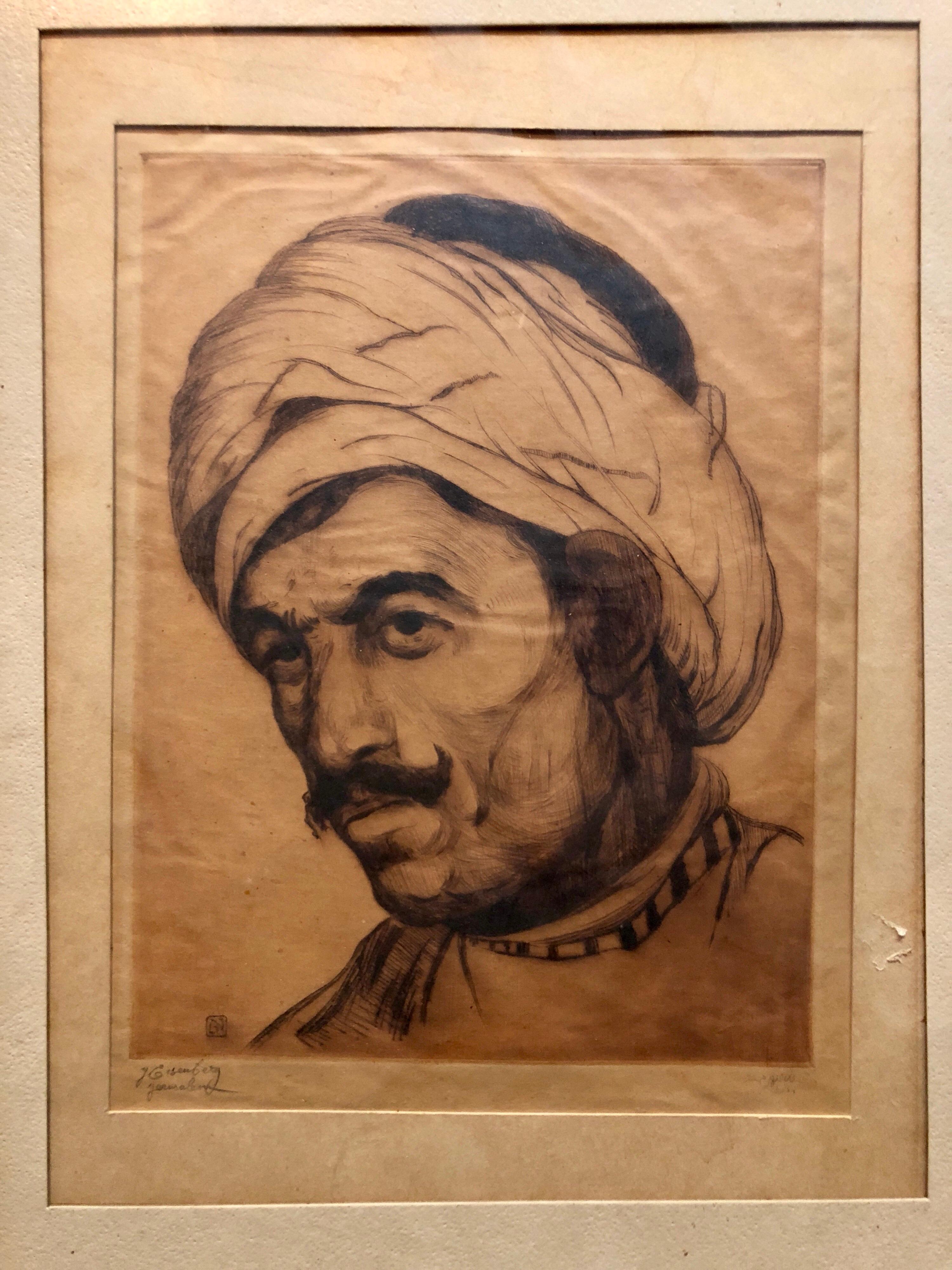 Bezalel School Jerusalem, Middle Eastern Arab Man in Turban Circa 1920s Etching - Print by Jacob Eisenberg