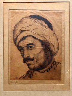 Bezalel School Jerusalem, Middle Eastern Arab Man in Turban Circa 1920s Etching