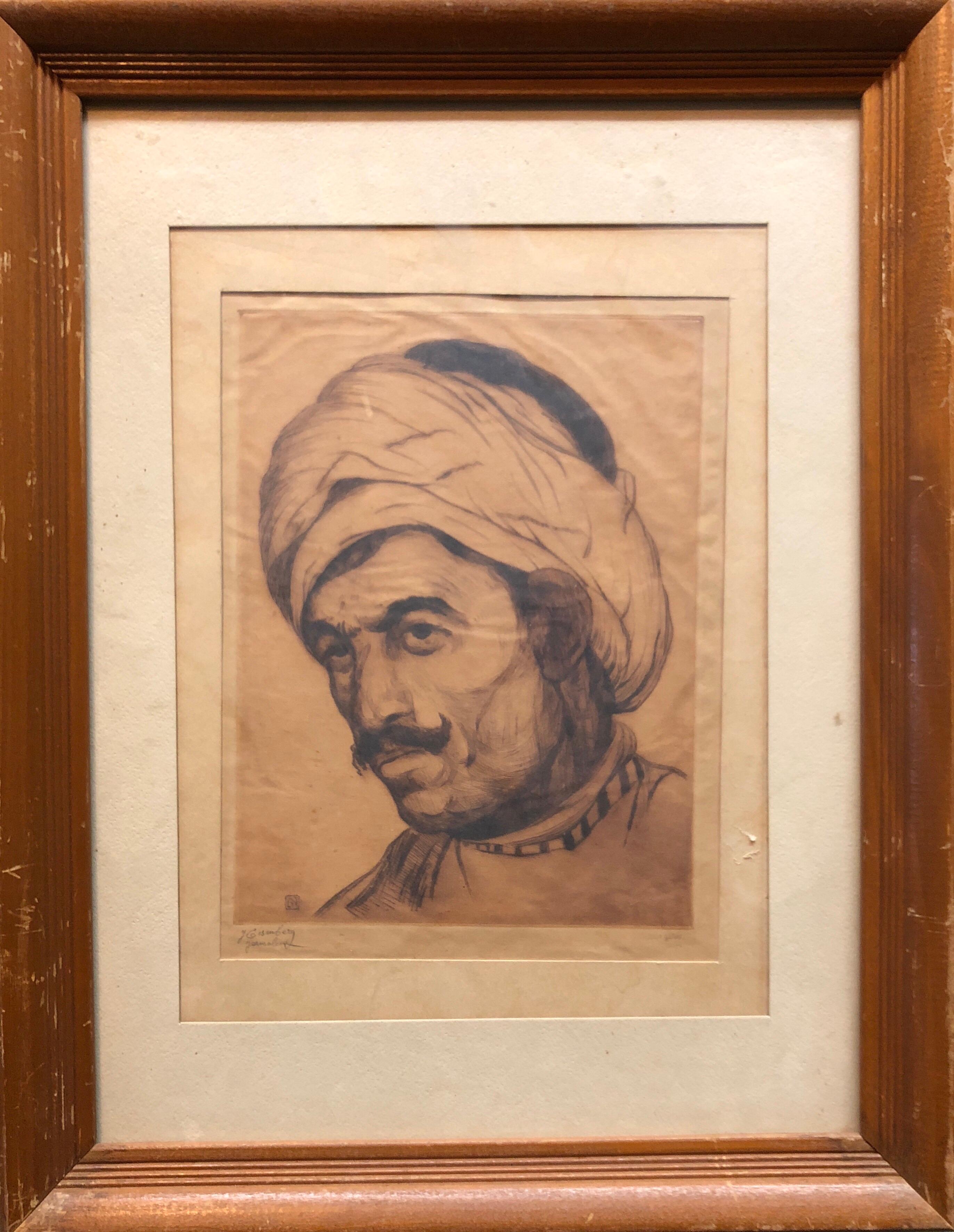 Bezalel School Jerusalem, Middle Eastern Arab Man in Turban Circa 1920s Etching - Art Nouveau Print by Jacob Eisenberg