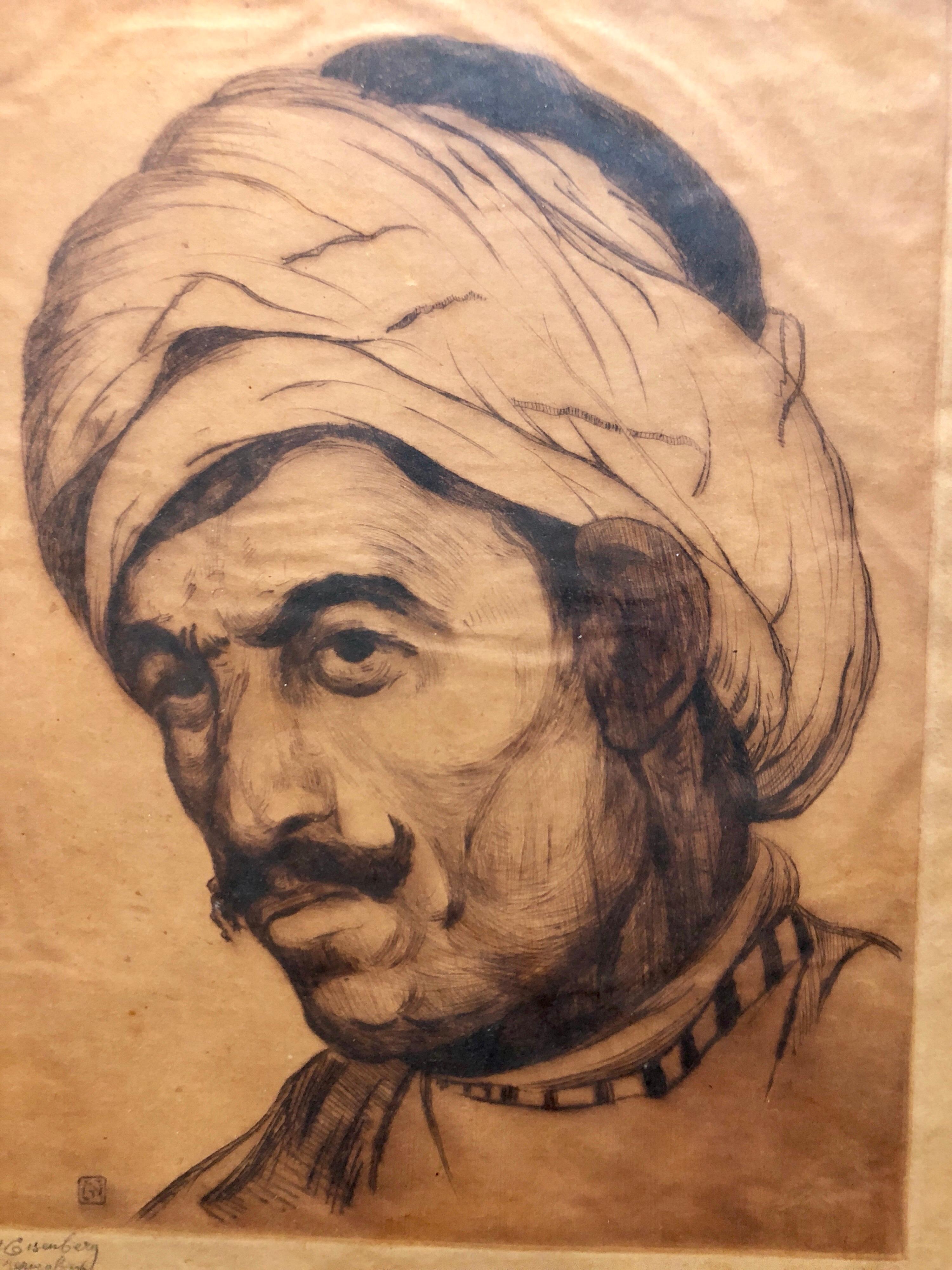 Jacob Eisenberg Portrait Print - Bezalel School Jerusalem, Middle Eastern Arab Man in Turban Circa 1920s Etching