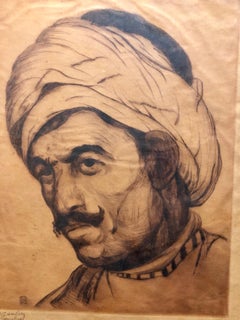 Bezalel School Jerusalem, Middle Eastern Arab Man in Turban Circa 1920s Etching