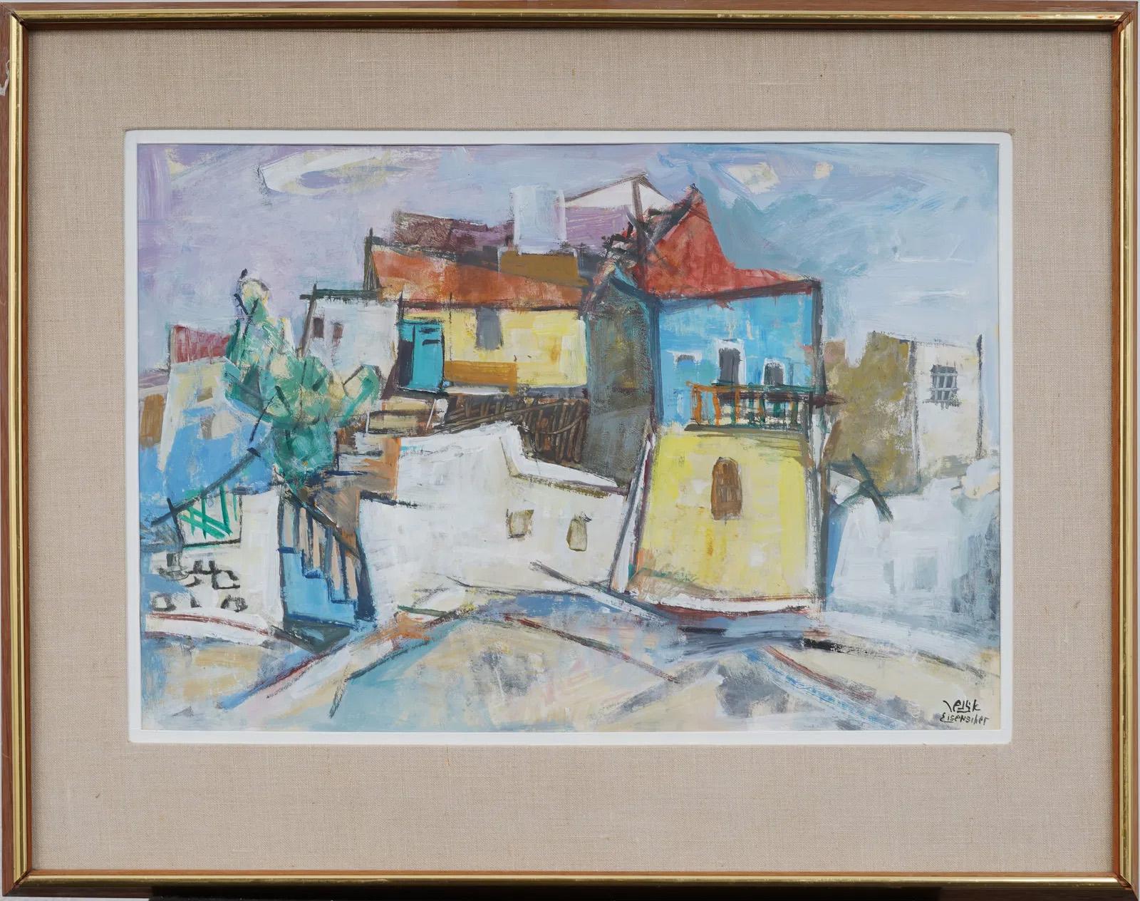 Antico quadro israeliano modernista di strada con cornice cubista dei primi anni del XX secolo - Painting di Jacob Eisenscher