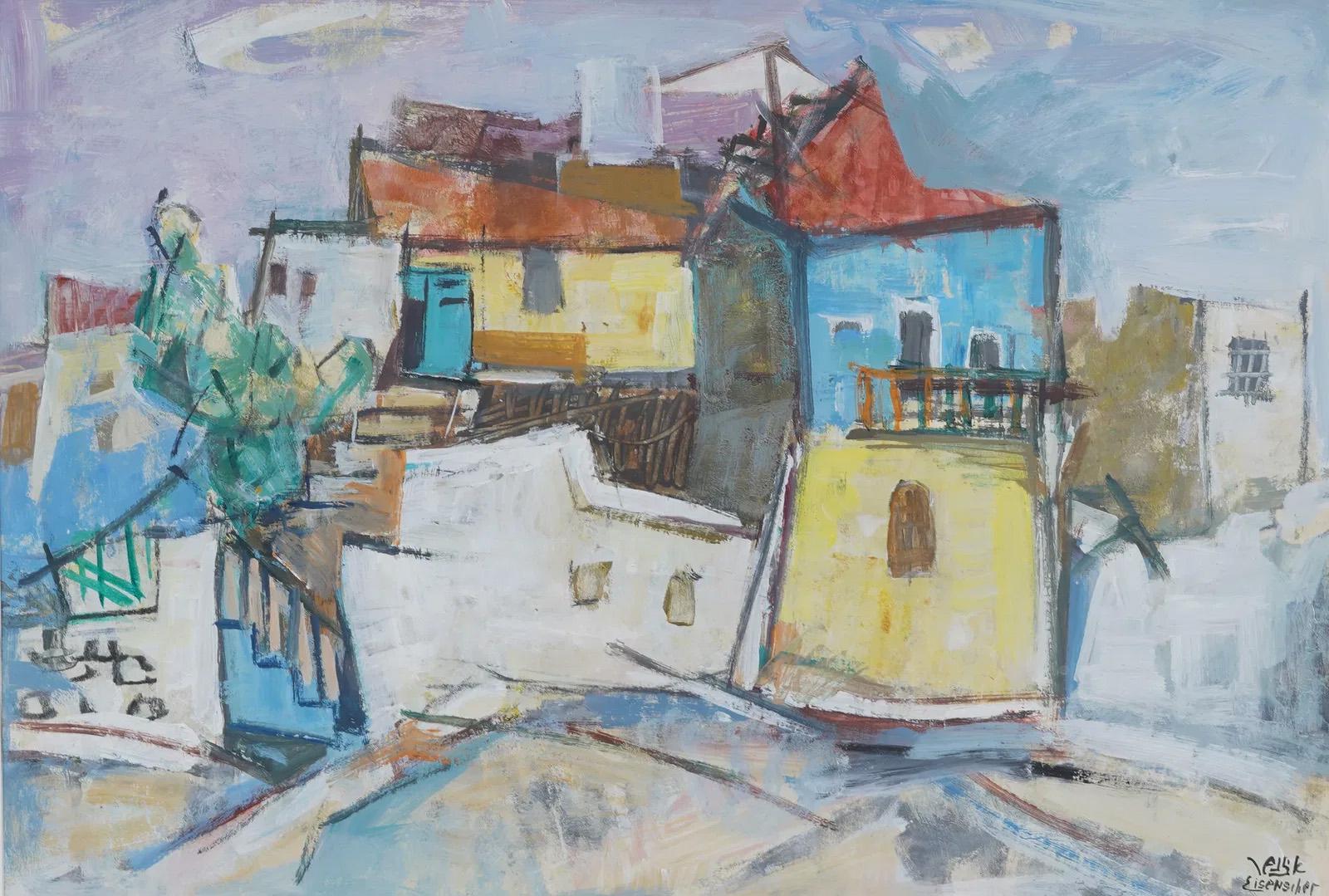 Antico quadro israeliano modernista di strada con cornice cubista dei primi anni del XX secolo - Painting Moderno di Jacob Eisenscher