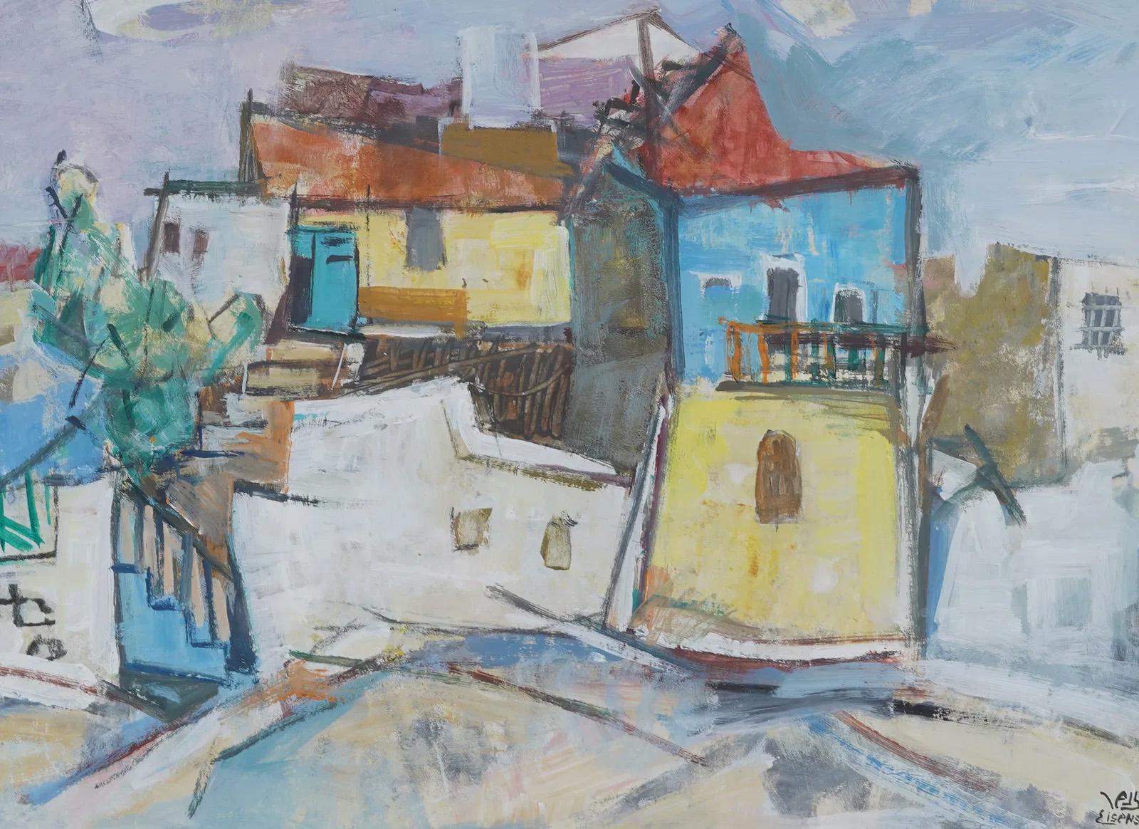 Antico quadro israeliano modernista di strada con cornice cubista dei primi anni del XX secolo - Figurative Painting Grigio di Jacob Eisenscher