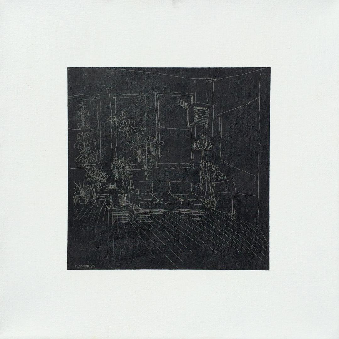 Dieses Ölgemälde von El Hanani aus dem Jahr 1983 stammt aus dem Nachlass von Anita Rosen. Die Gesamtgröße des Kunstwerks beträgt 15" x 15", wobei der zentrale Bildbereich 9" x 9" misst. 