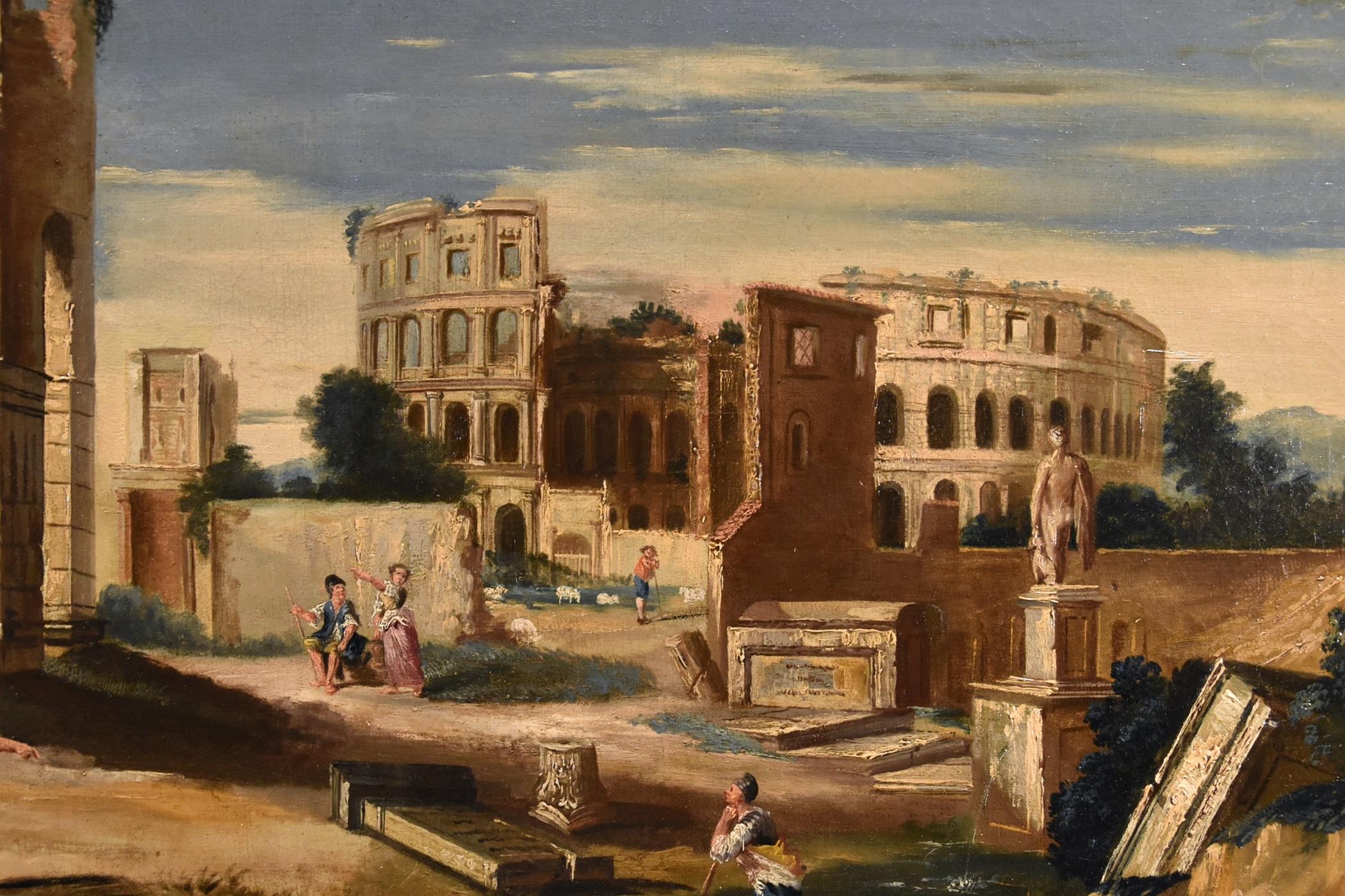 Capriccio architettonico Paesaggio Roma Fabry 18° secolo Tavola Olio su tela in vendita 7