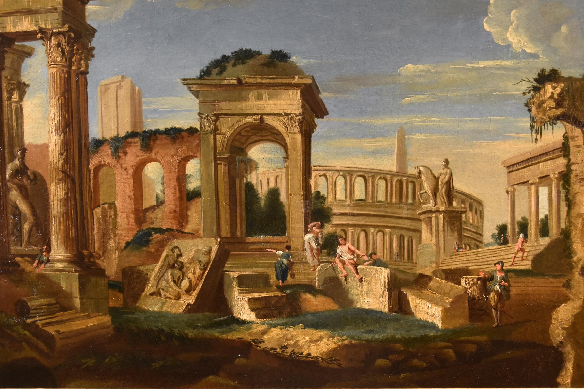 Architectural Capriccio Landscape Roma Fabris 18th Century Table Oil on canvas For Sale 7