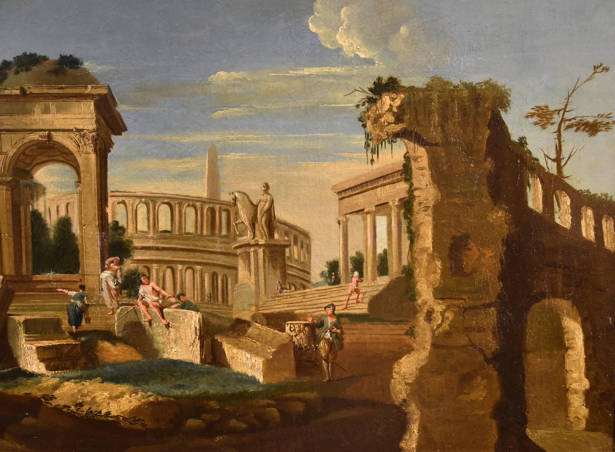 Architectural Capriccio Landscape Roma Fabris 18th Century Table Oil on canvas For Sale 8