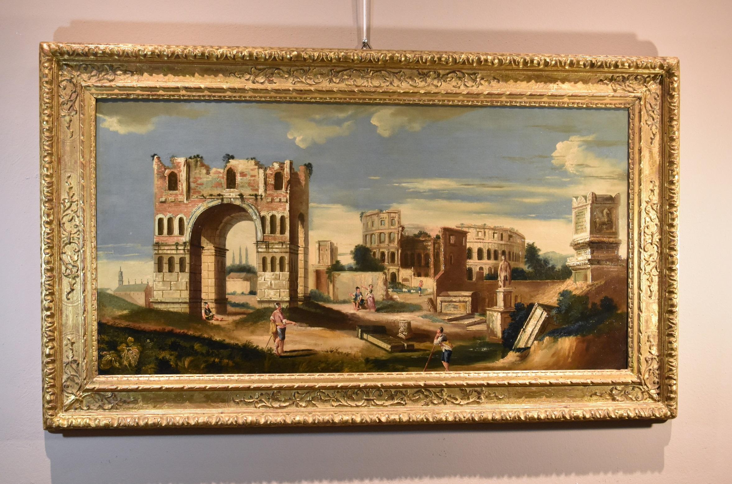 Capriccio architettonico Paesaggio Roma Fabry 18° secolo Tavola Olio su tela in vendita 9