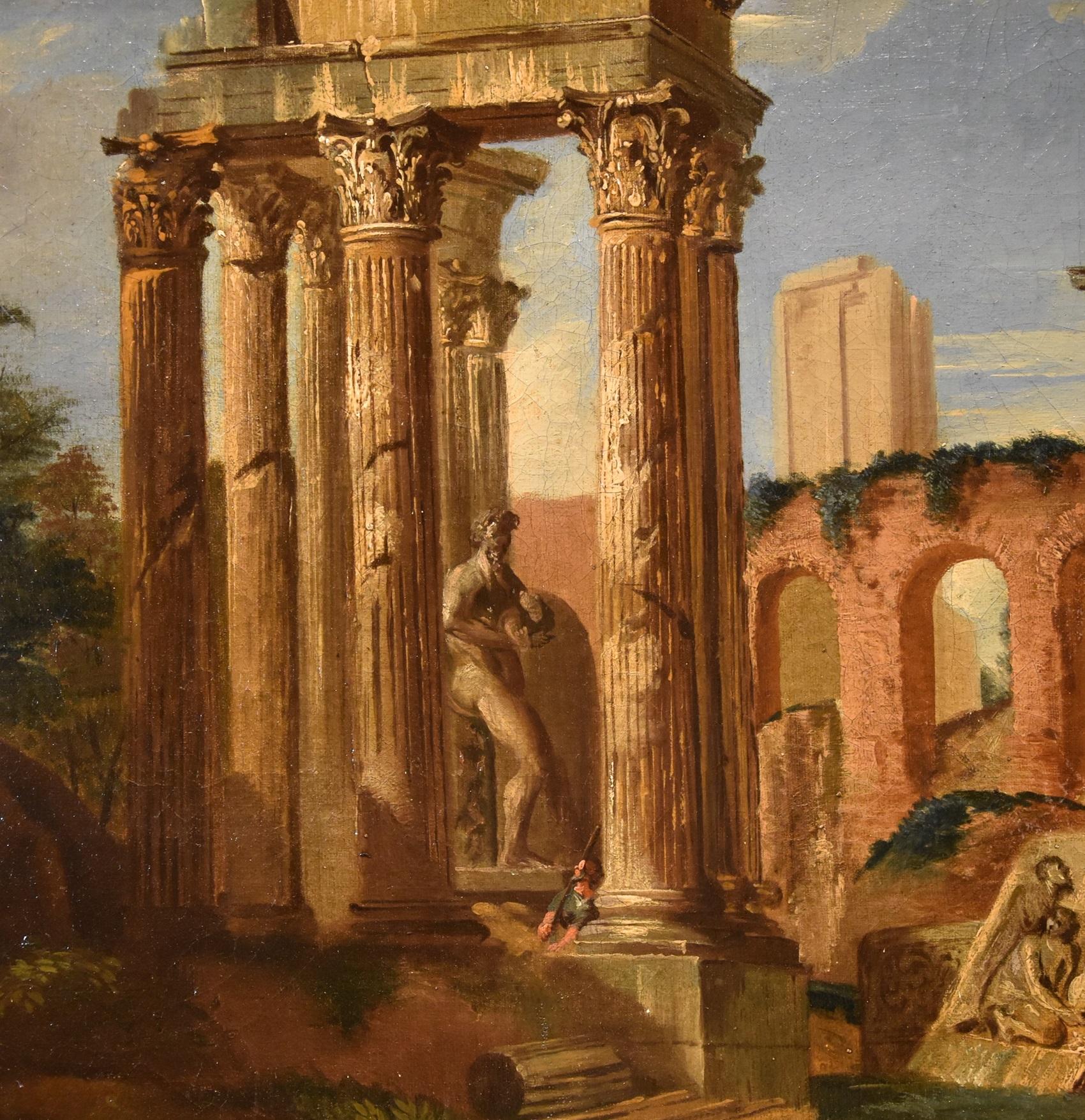 Architectural Capriccio Landscape Roma Fabris 18th Century Table Oil on canvas For Sale 9