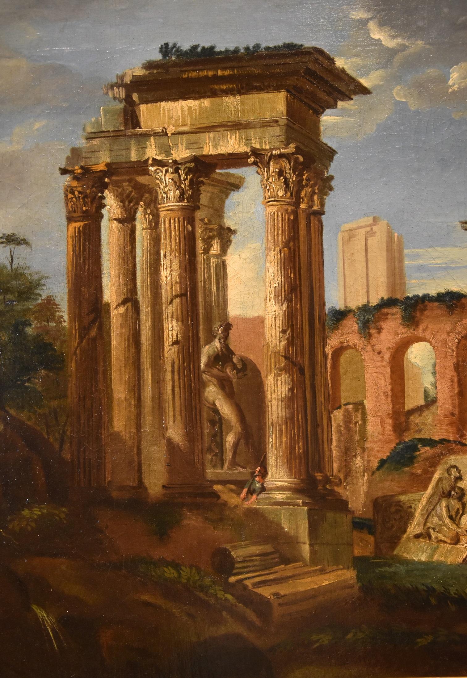 Architectural Capriccio Landscape Roma Fabris 18th Century Table Oil on canvas For Sale 10