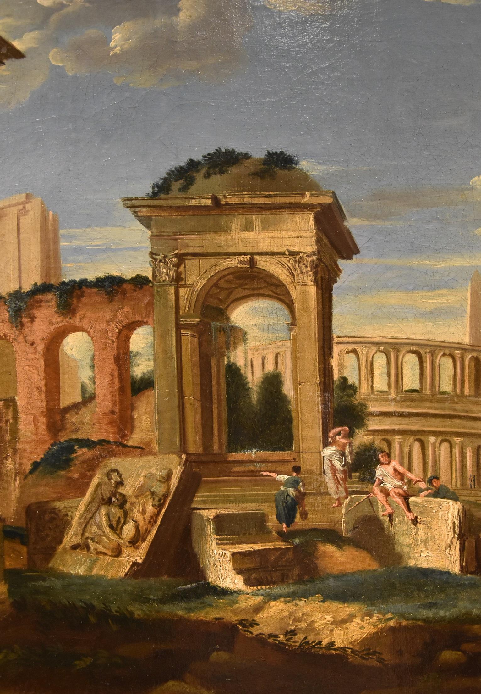 Architectural Capriccio Landscape Roma Fabris 18th Century Table Oil on canvas For Sale 11