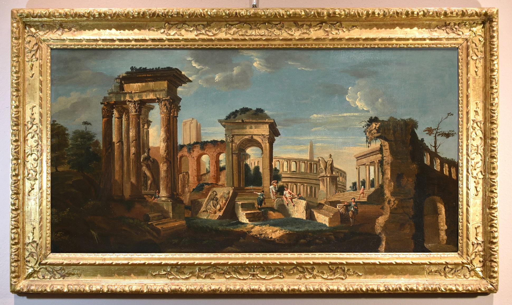 Architectural Capriccio Landscape Roma Fabris 18th Century Table Oil on canvas - Old Masters Painting by Jacob Fabris (venice, 1689 - 1761)