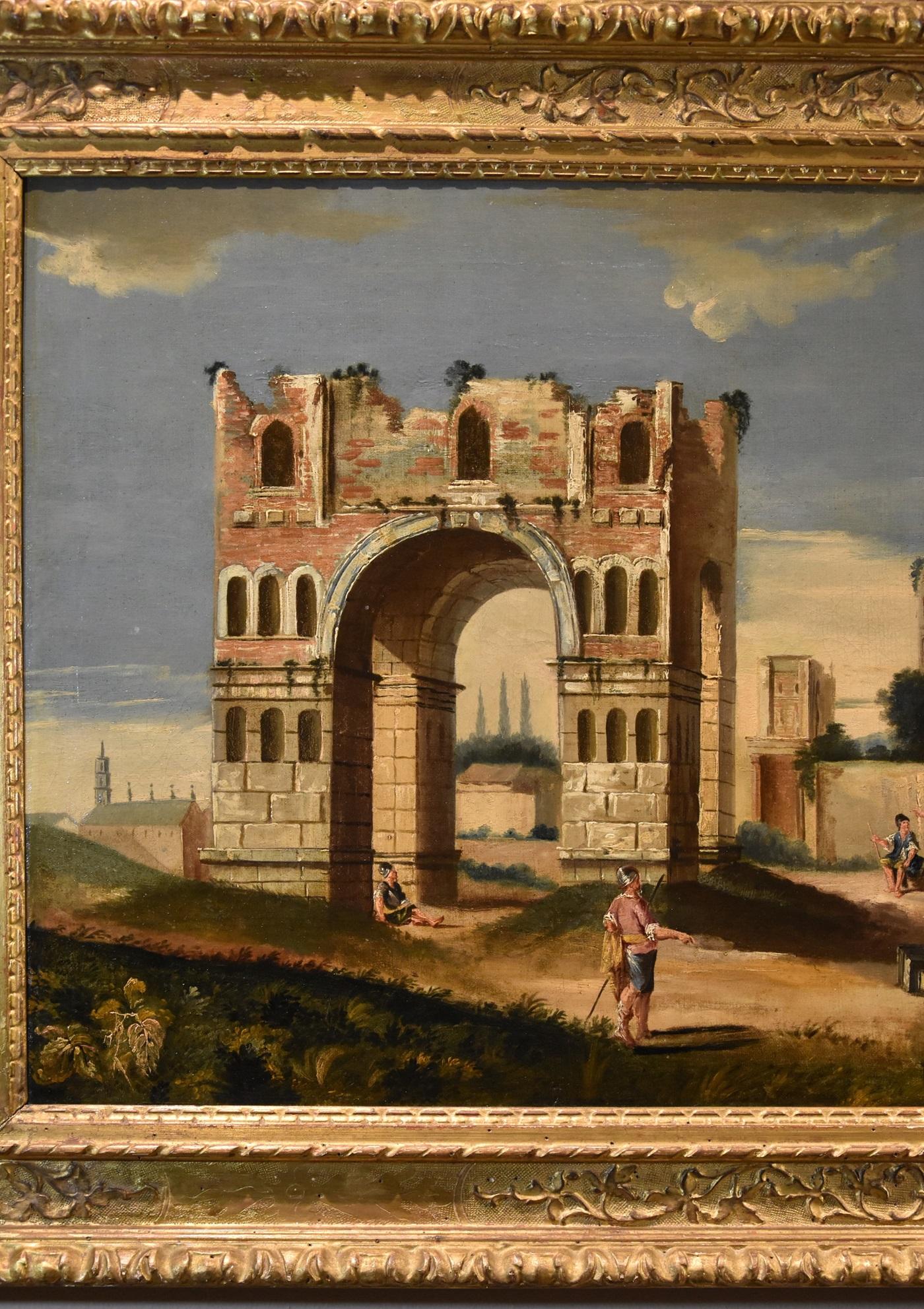 Capriccio architettonico Paesaggio Roma Fabry 18° secolo Tavola Olio su tela in vendita 1